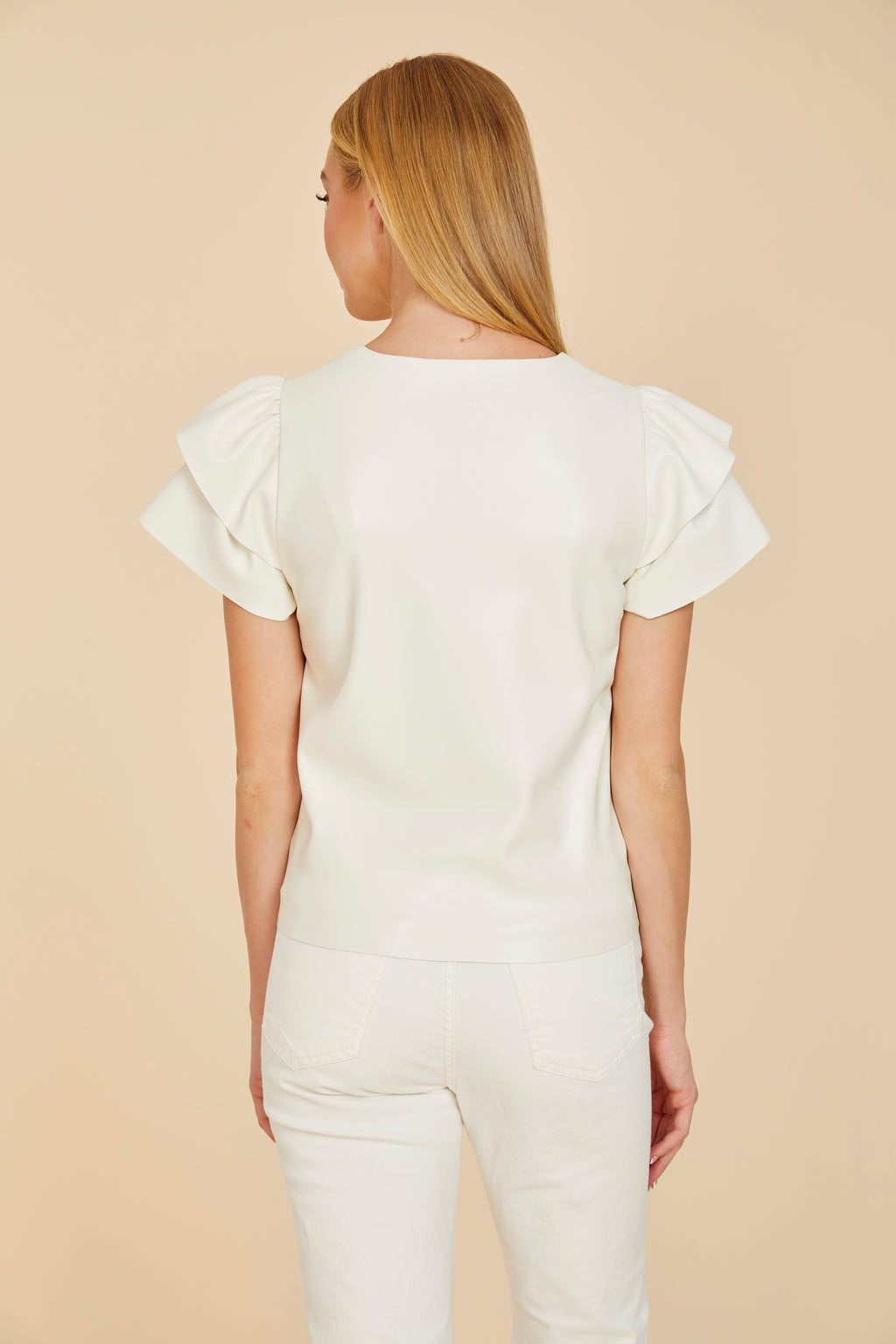 Faux Leather Flutter Sleeve Blouse