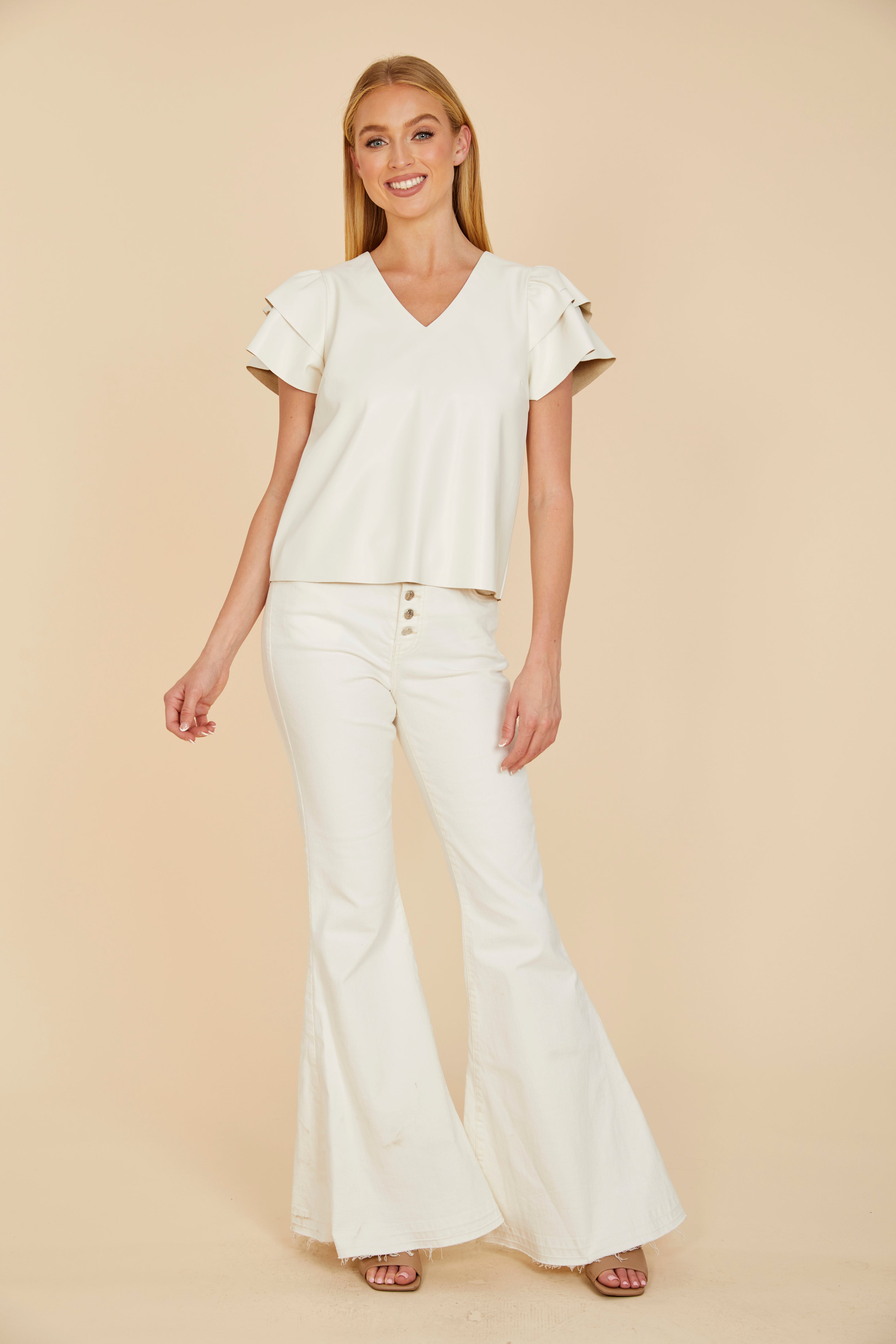 Faux Leather Flutter Sleeve Blouse