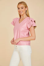 Faux Leather Flutter Sleeve Blouse