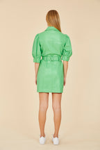 Faux Leather Belted Dress with Puff Sleeves