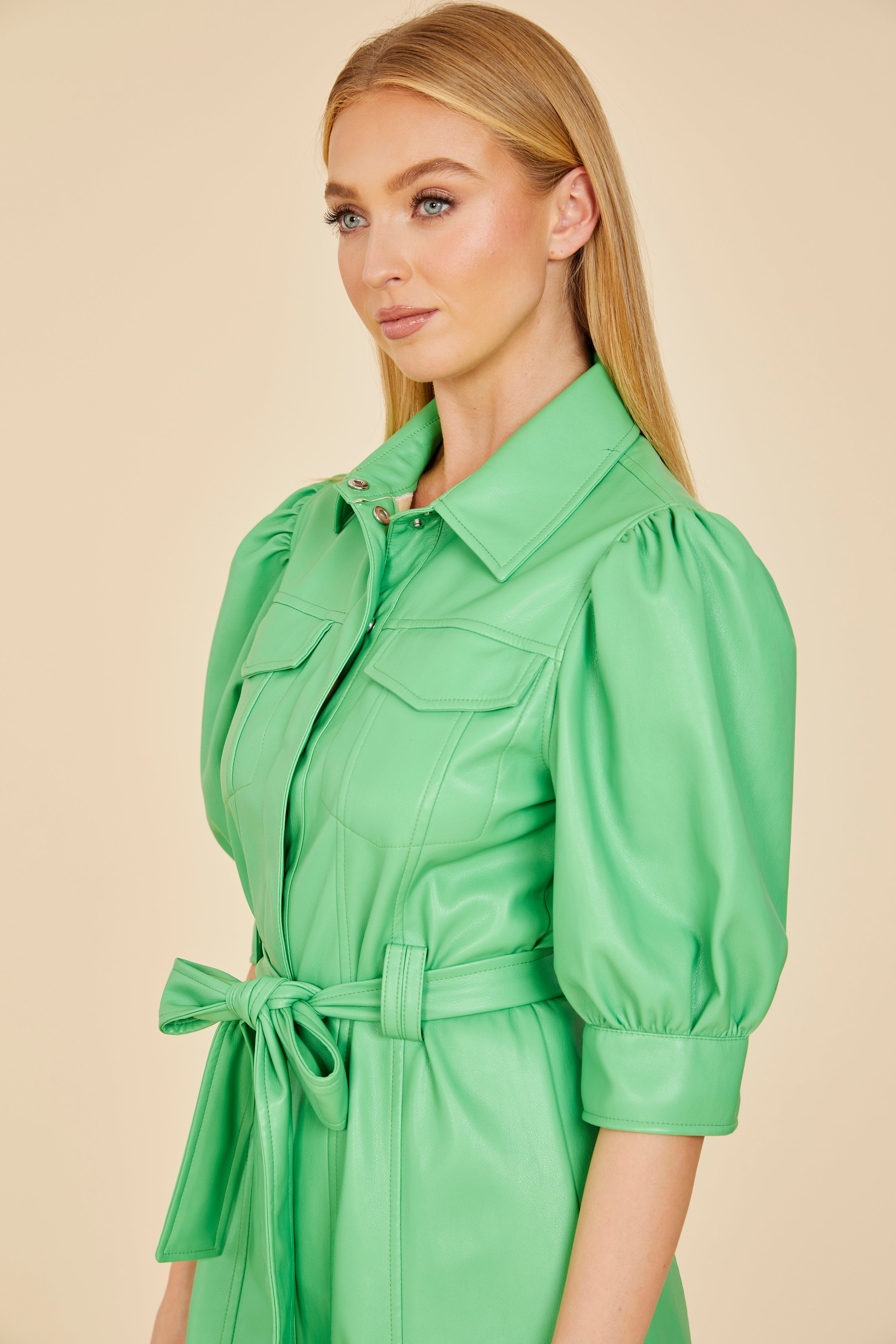 Faux Leather Belted Dress with Puff Sleeves White / M Faux Leather Belted Dress with Puff Sleeves White / M
