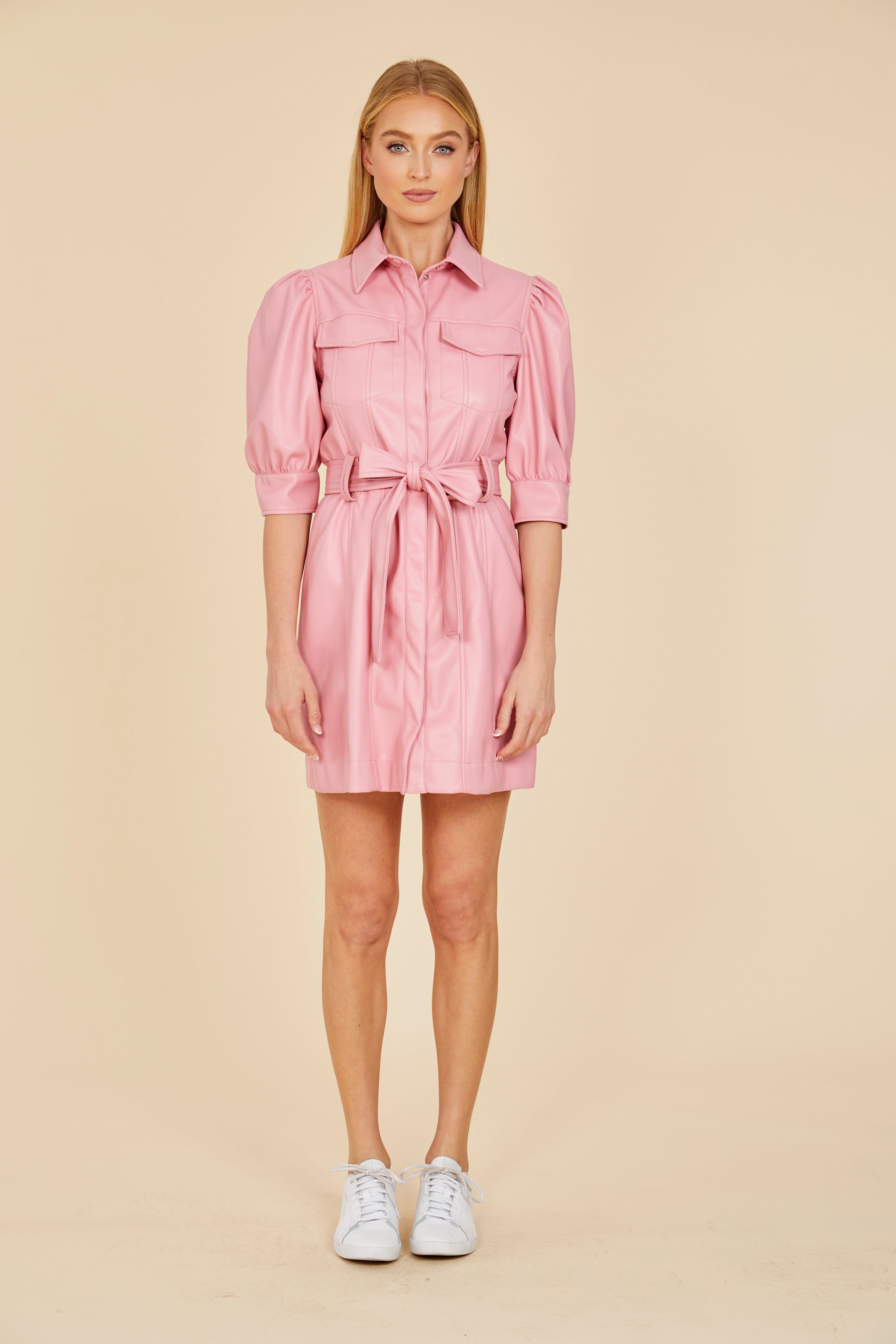 Faux Leather Belted Dress with Puff Sleeves