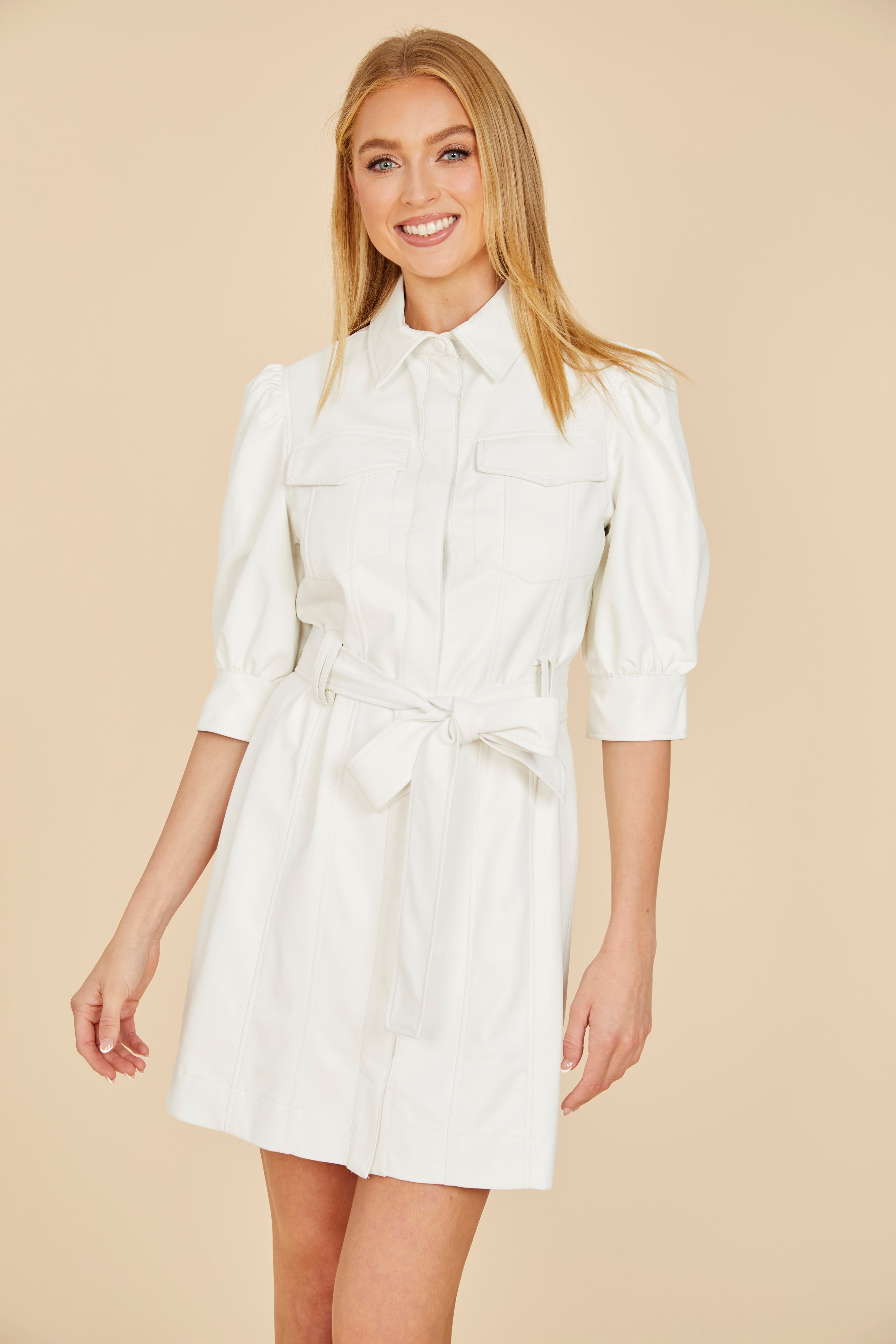 Faux Leather Belted Dress with Puff Sleeves White / M Faux Leather Belted Dress with Puff Sleeves White / M