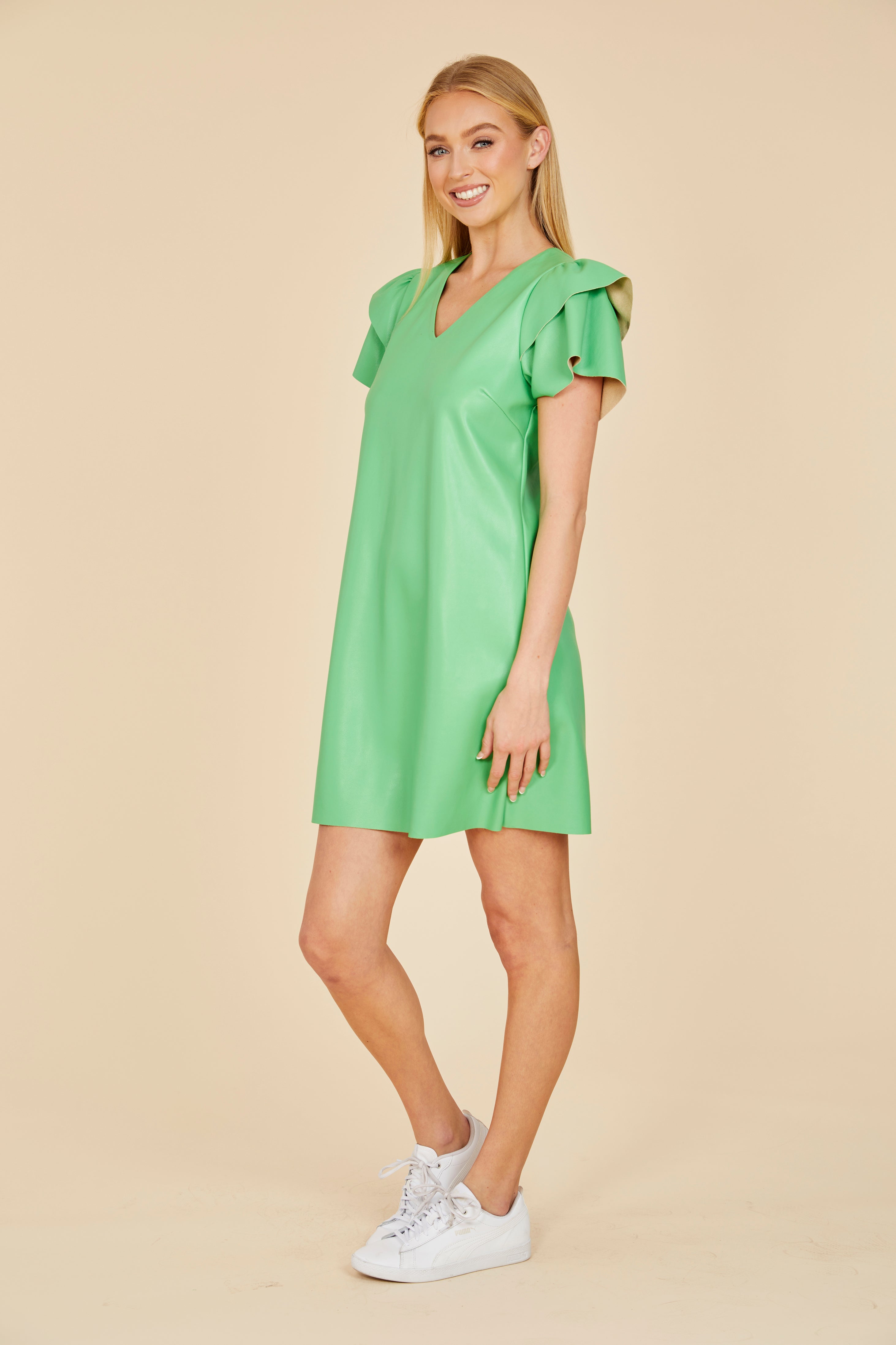 Faux Leather Dress with Flutter Sleeves Pink / M