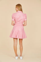 Faux Leather Puff Sleeve Belted Dress