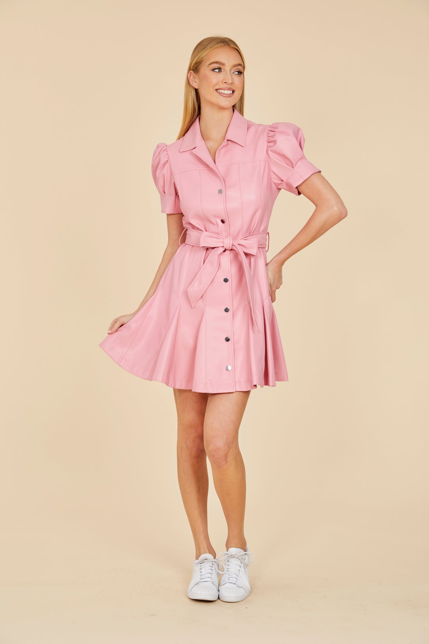 Faux Leather Puff Sleeve Shirt Dress