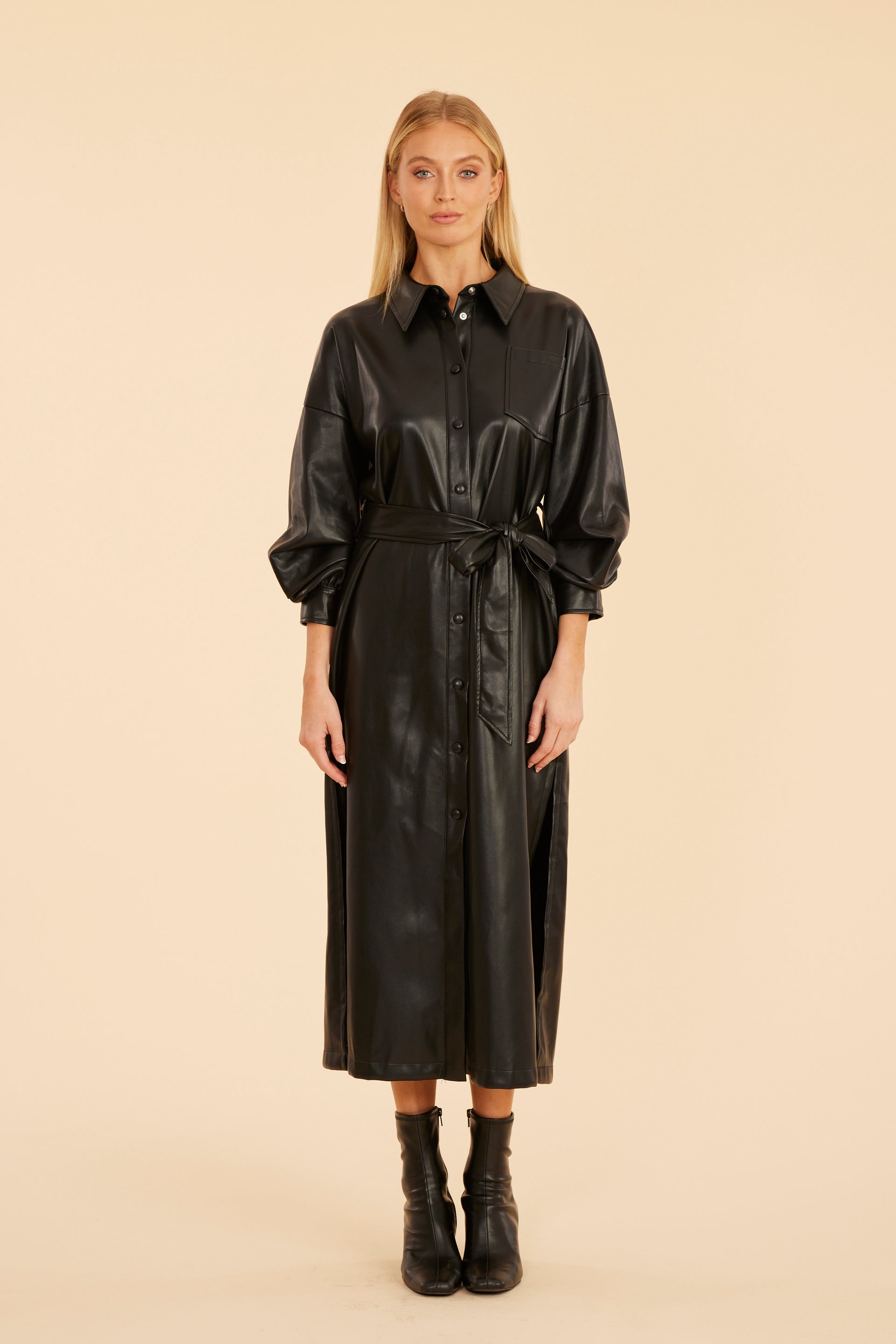 black leather long dress Long Flare Vegan Leather Dress