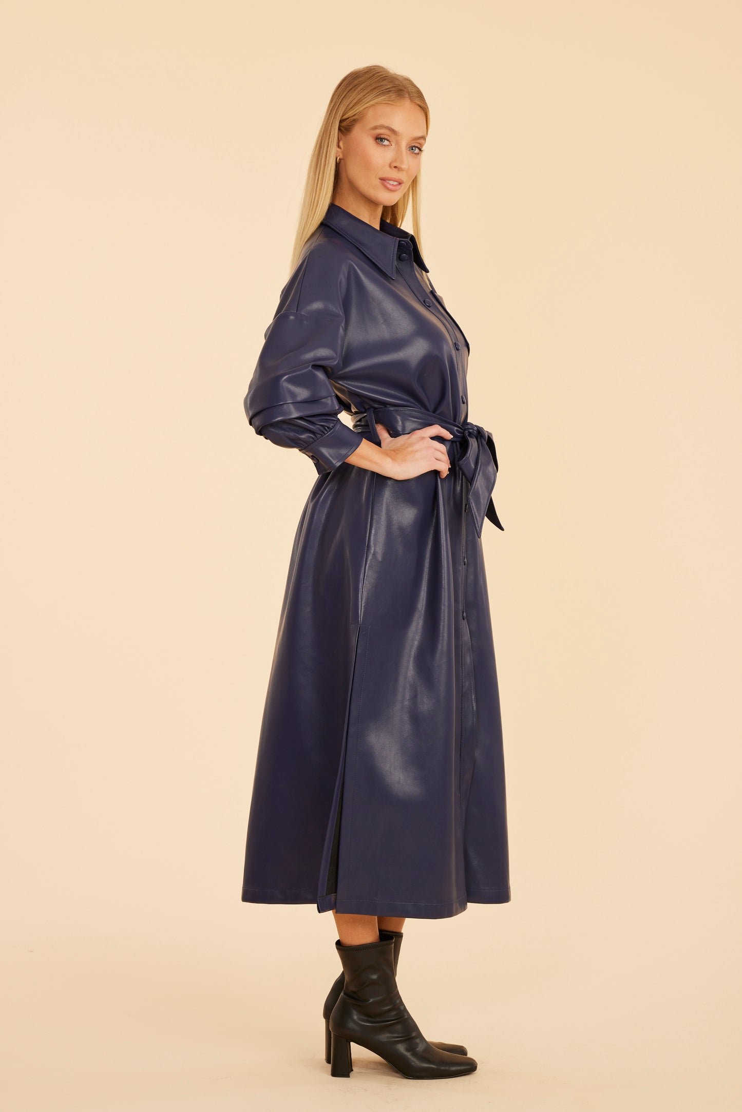 Faux Leather Belted Maxi Dress