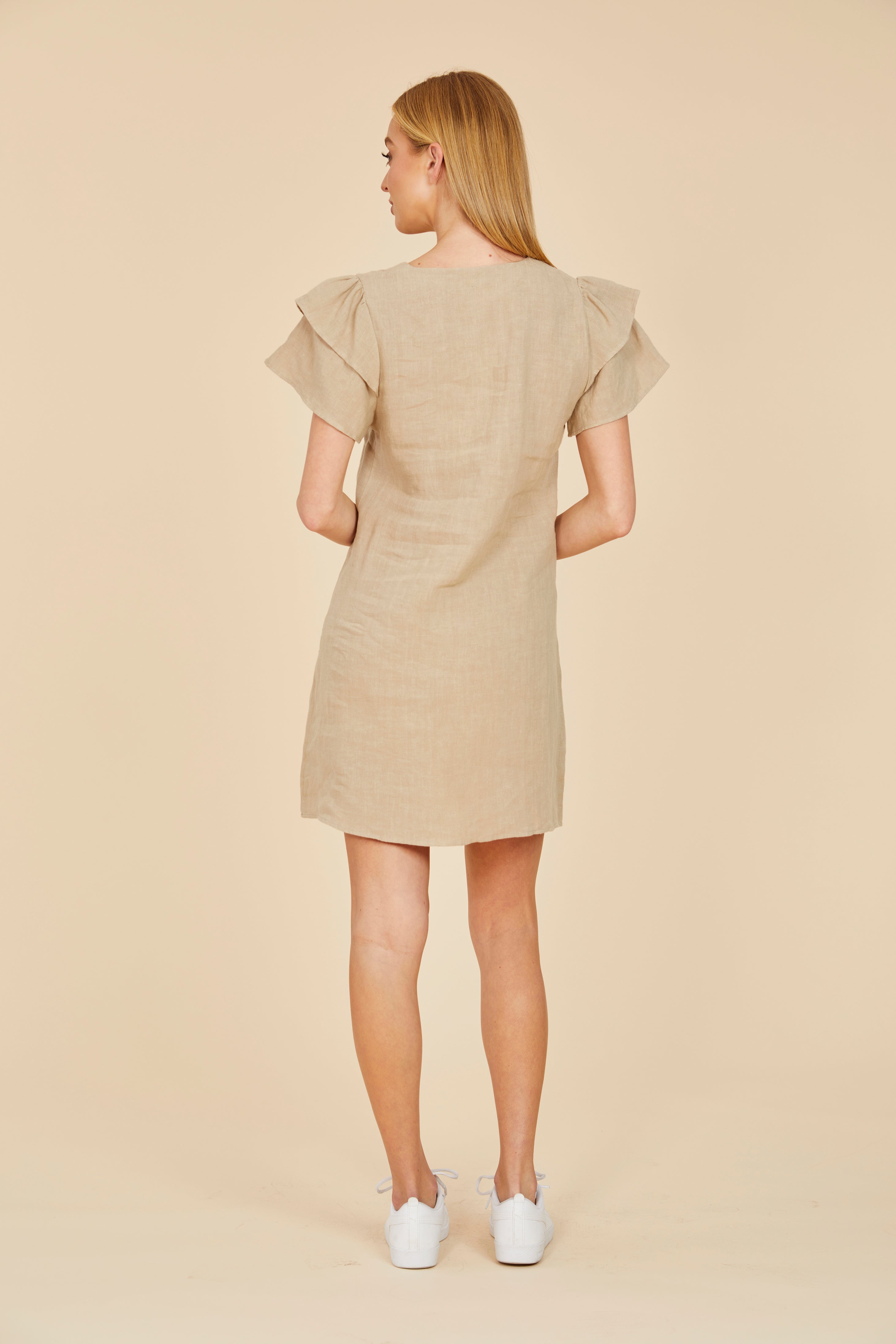 Linen Flutter Sleeve Dress White / XS