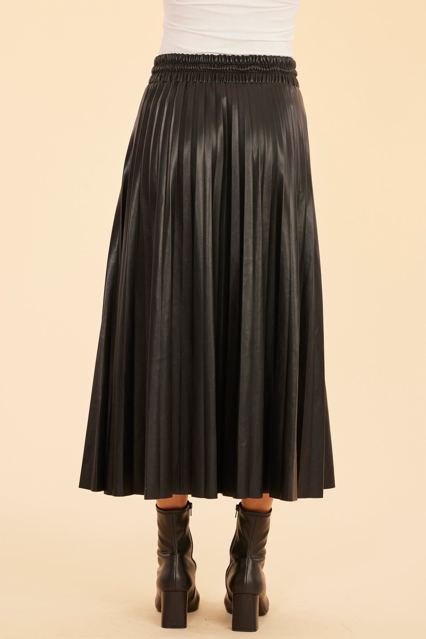 Faux Leather Pleated Drawstring Midi Skirt