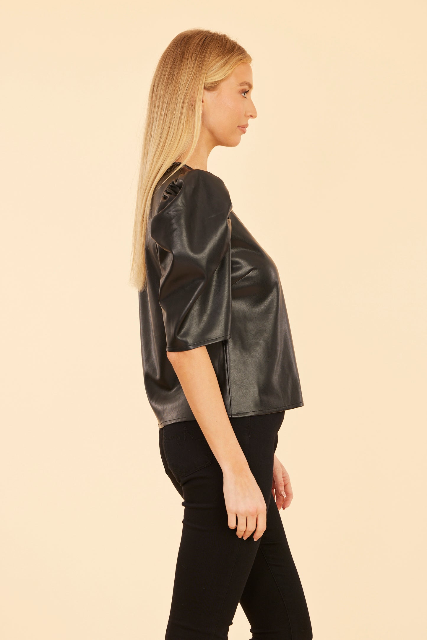 Faux Leather Puff Shoulder Top