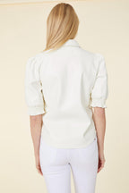 Vegan Leather Elastic Cuff Short Sleeve Top
