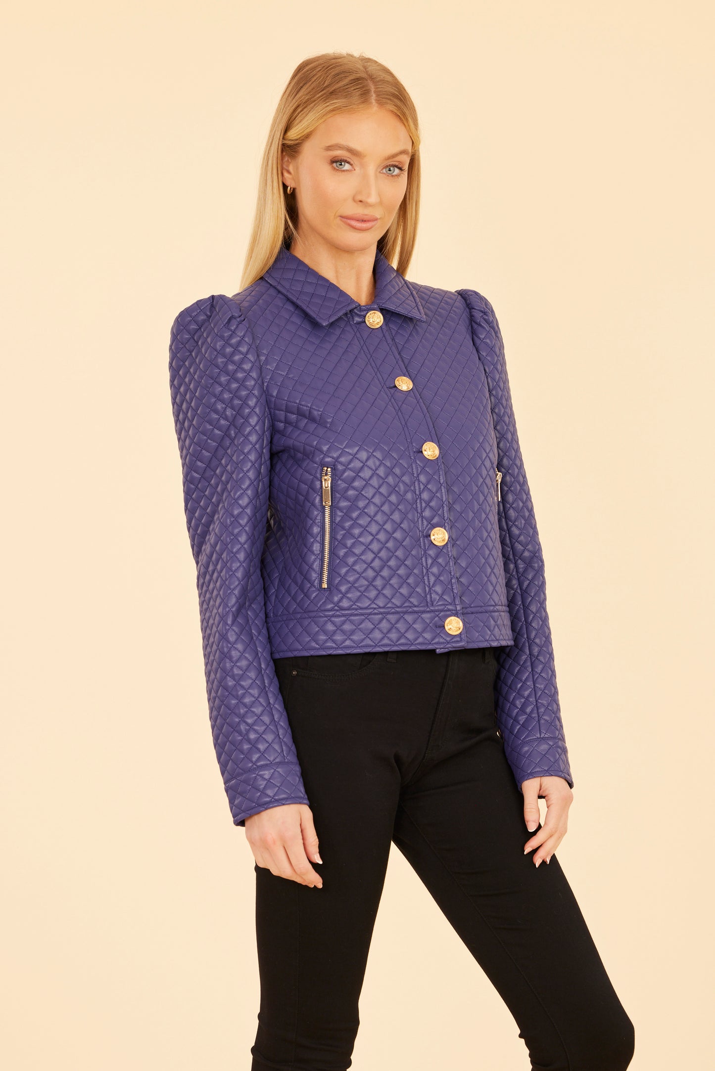 Quilted Faux Leather Puff Shoulder Jacket