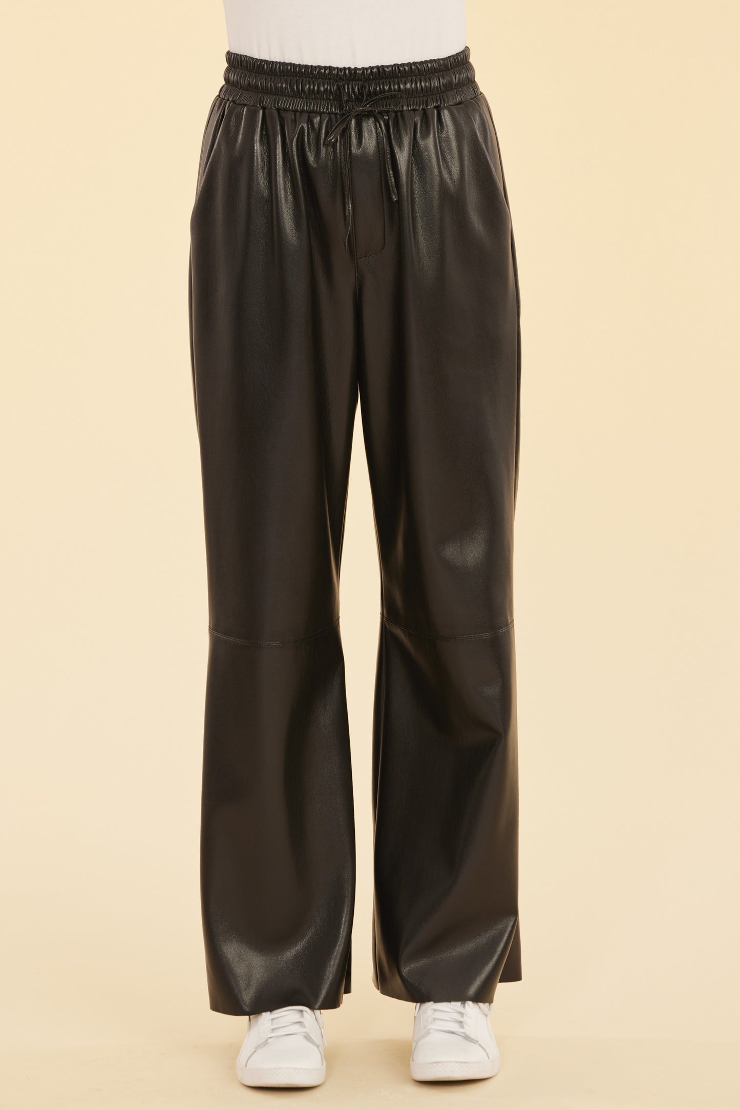 Faux Leather Wide Leg Drawstring Pants