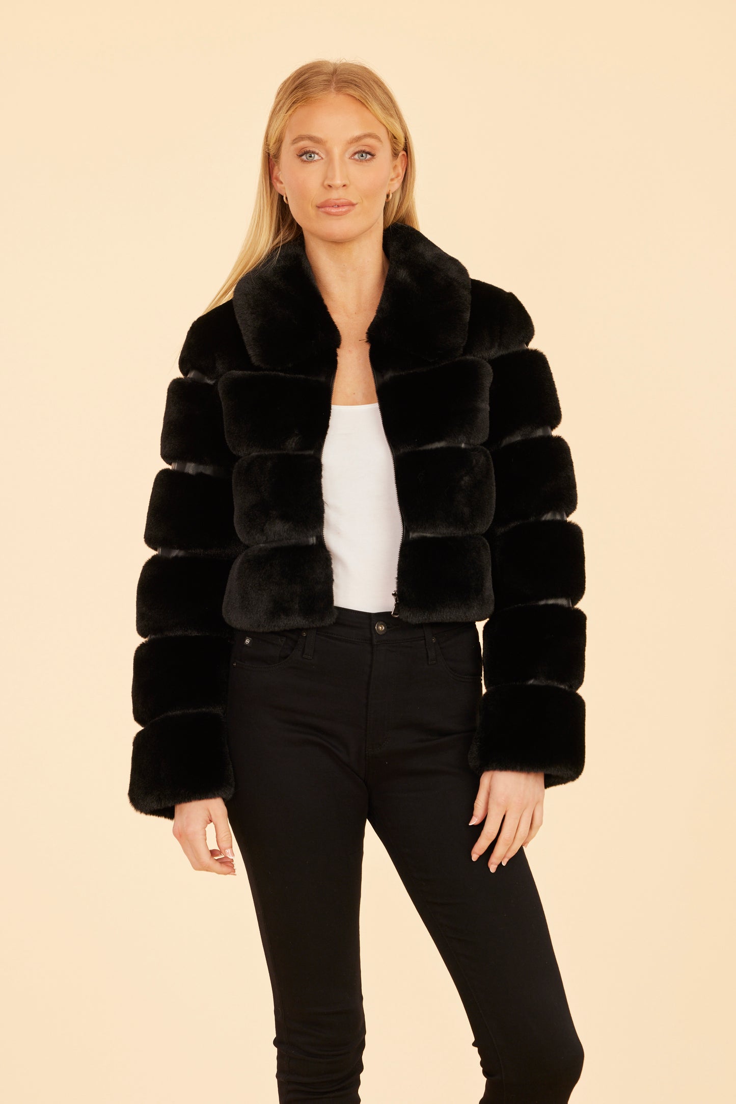 Paneled Faux Fur Vegan Leather Cropped Jacket