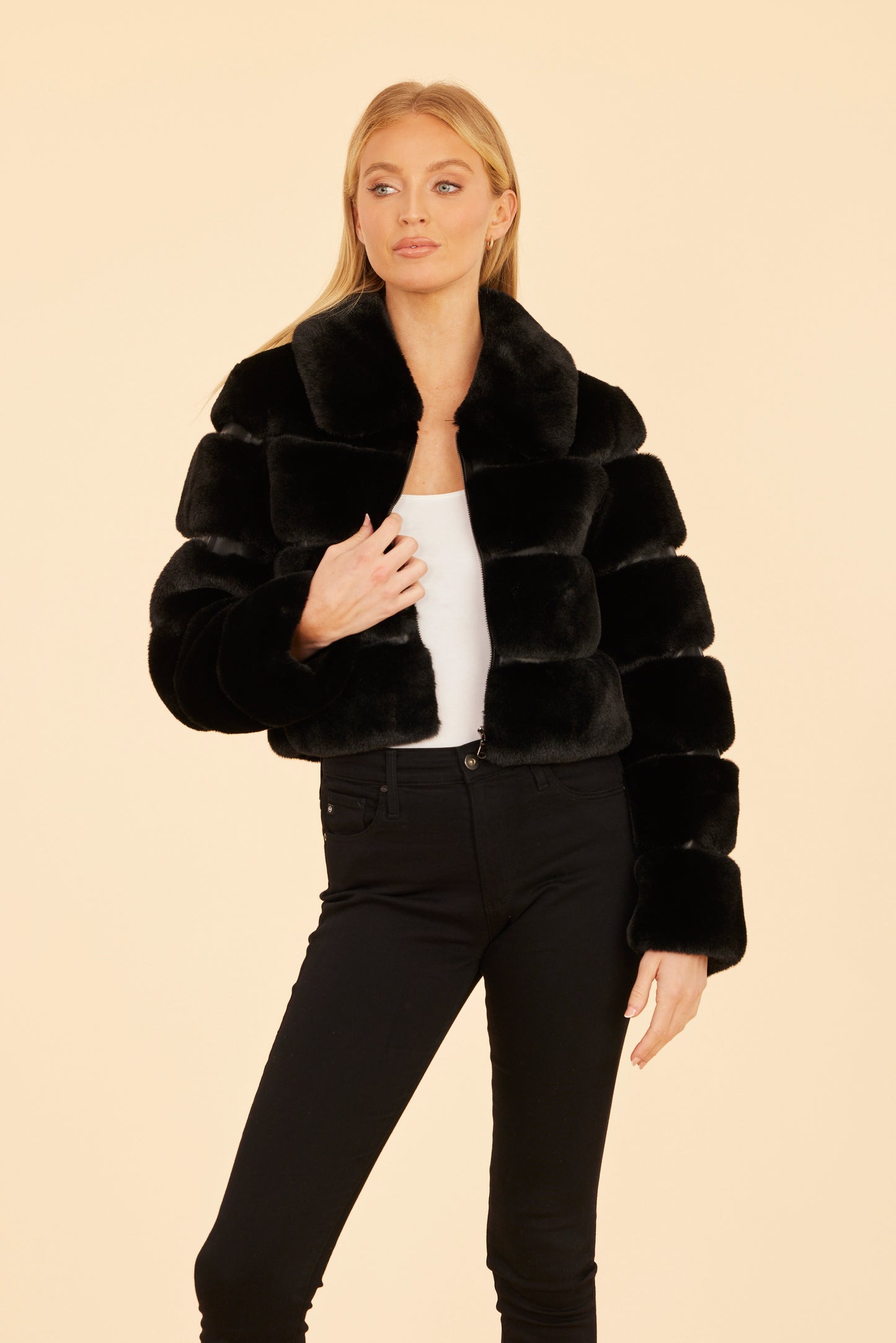 Paneled Faux Fur Vegan Leather Cropped Jacket