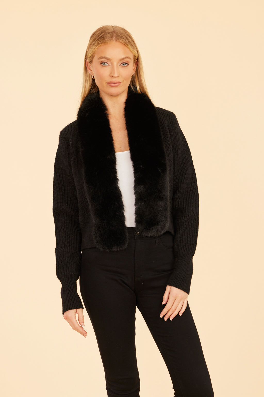 Cropped Cardigan with Faux Fur Trim