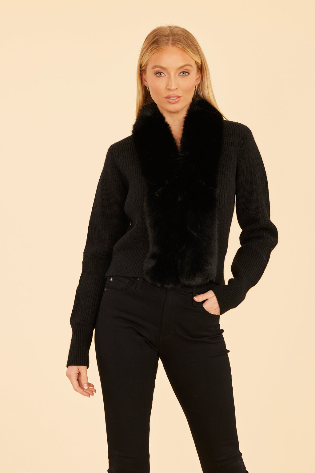 Cropped Cardigan with Faux Fur Trim