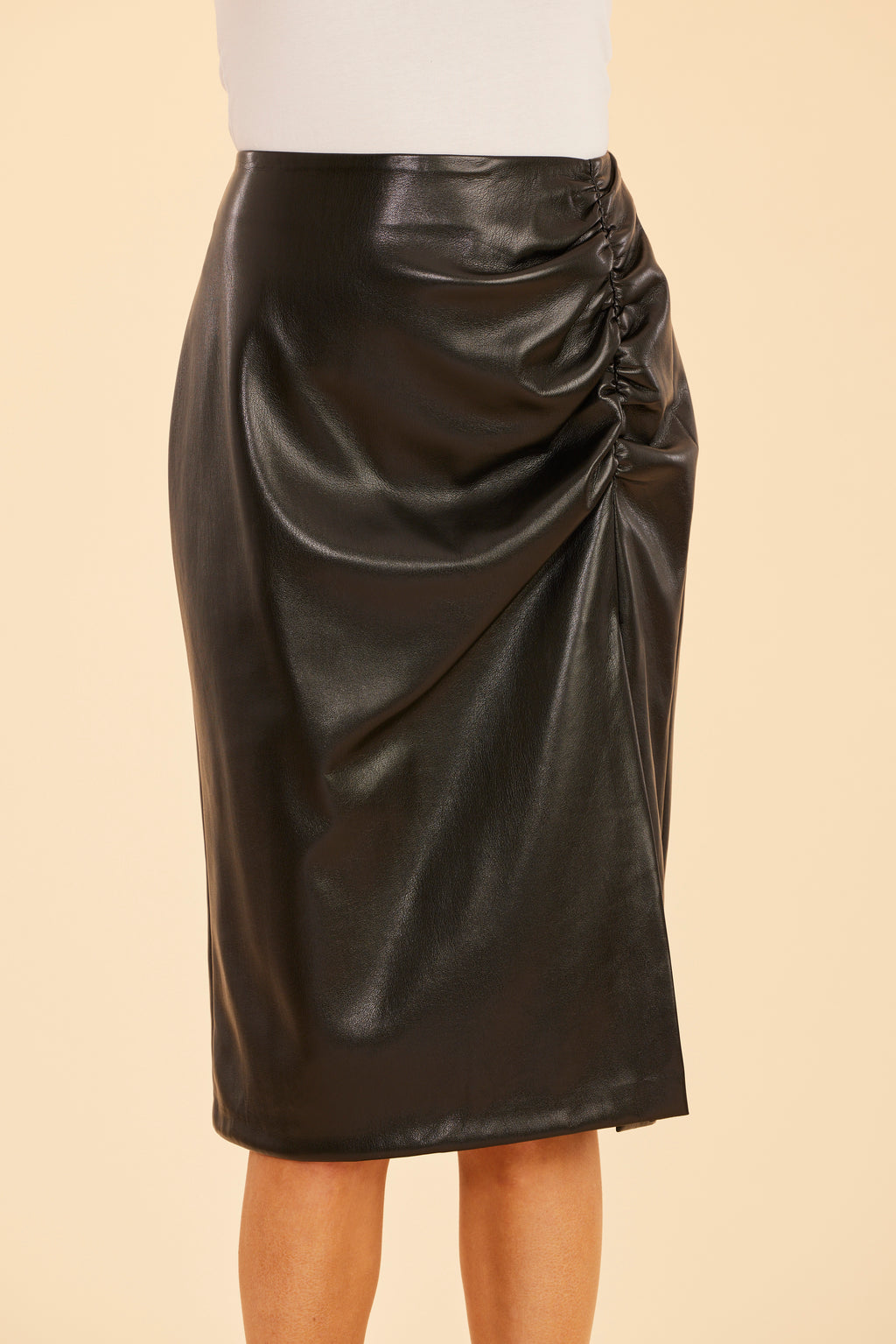 Faux Leather Ruched Side Slit Skirt