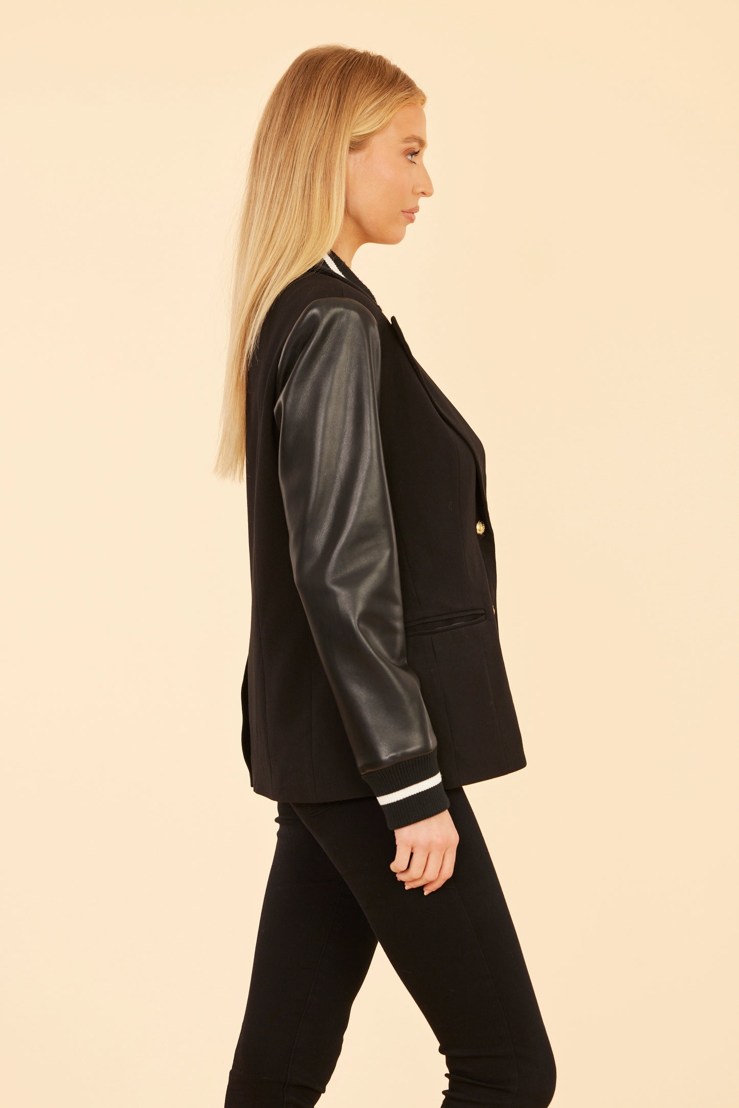 Racer Stripe Faux Leather Sleeve Blazer