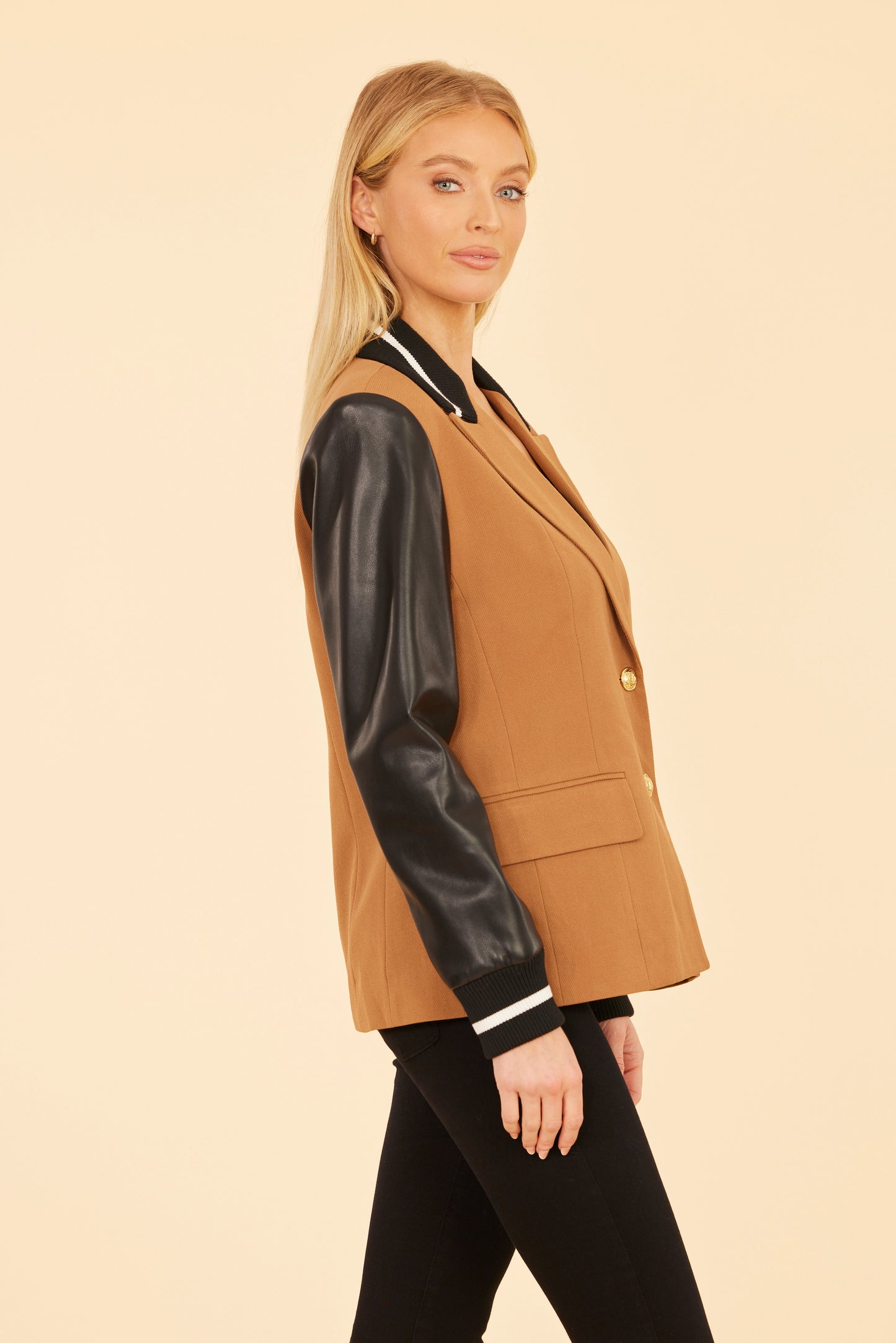 Racer Stripe Faux Leather Sleeve Blazer