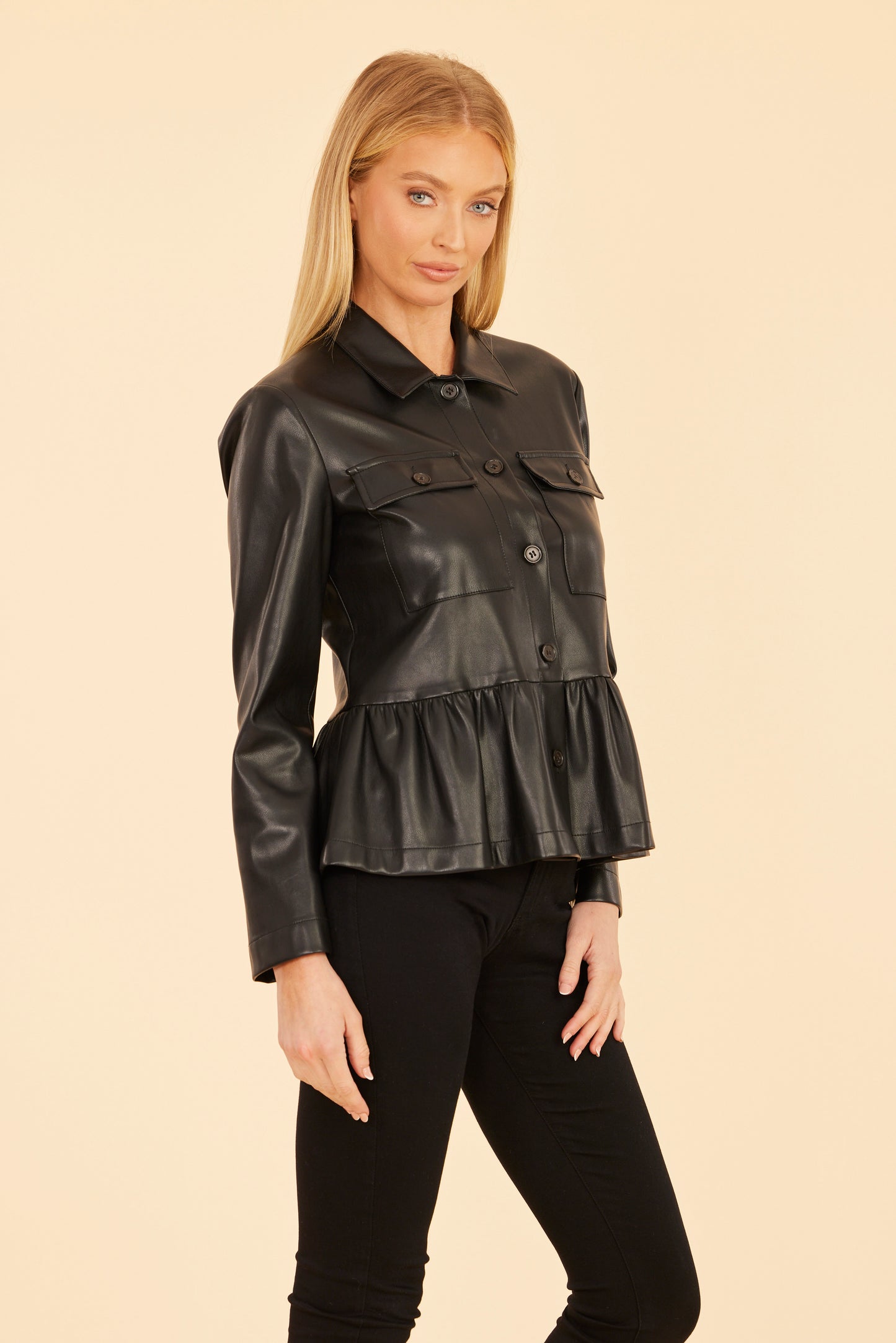 Faux Leather Peplum Shirt Jacket