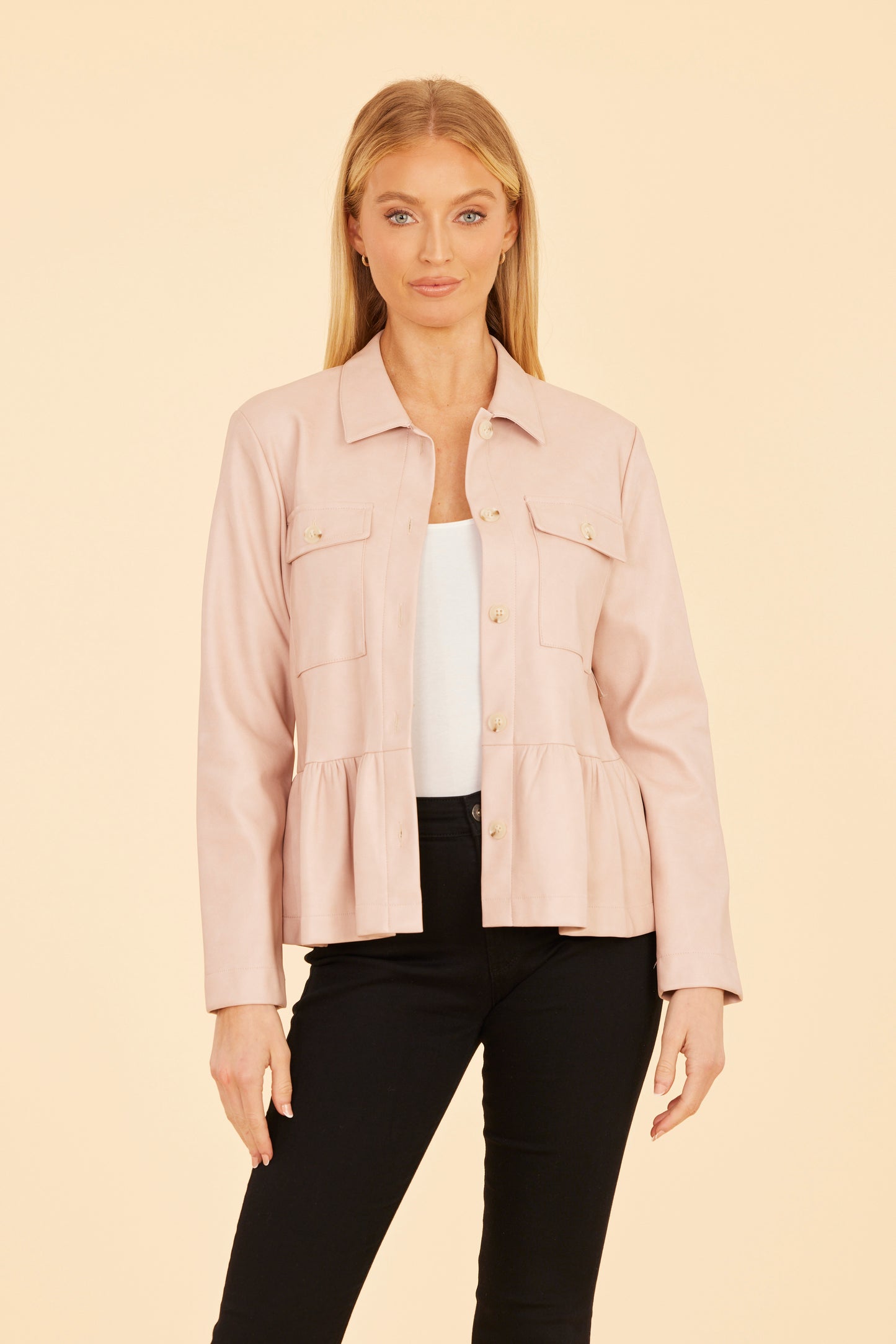 Faux Leather Peplum Shirt Jacket