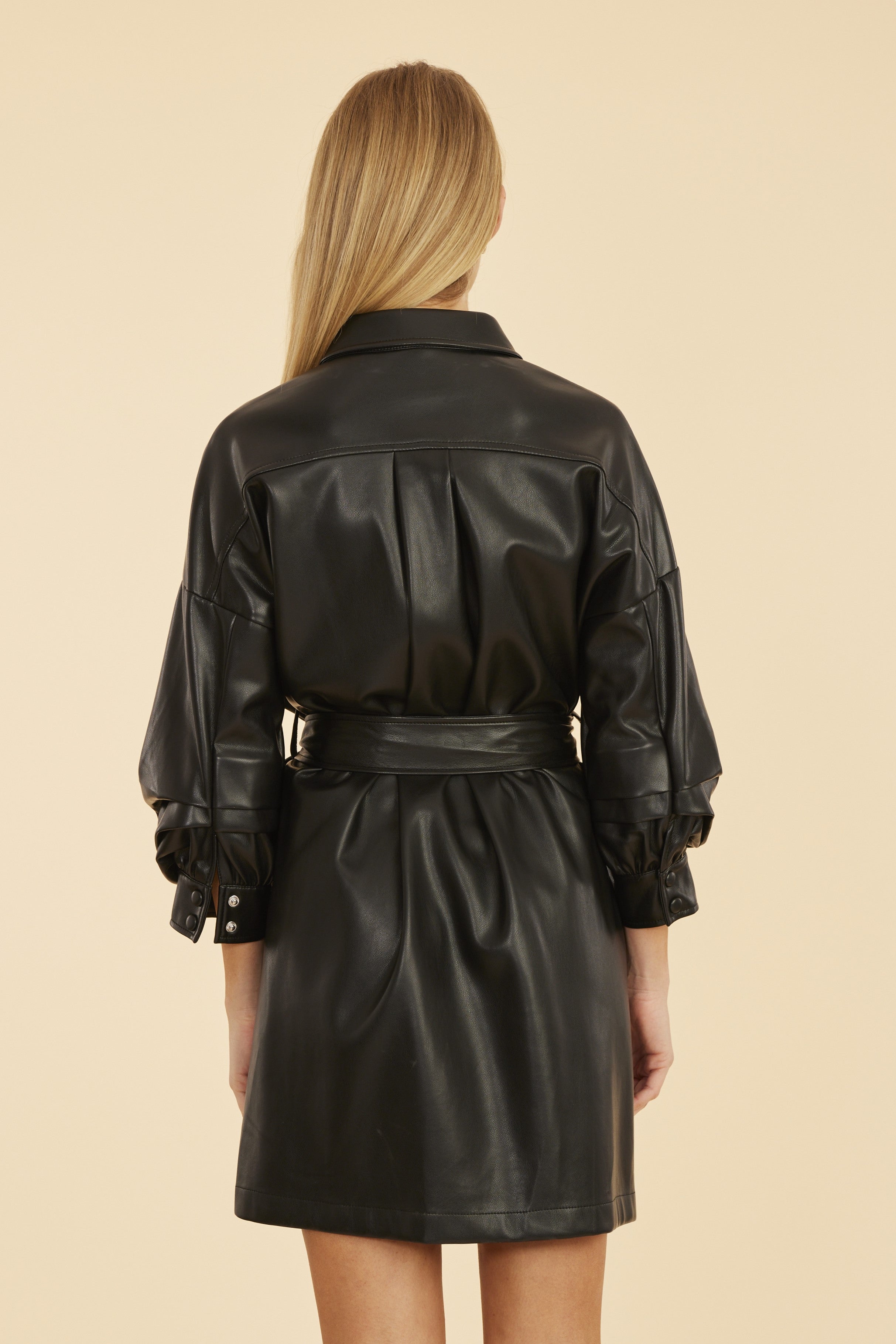 Faux Leather Belted Dress with Ruched Sleeves Burnt Orange / XL