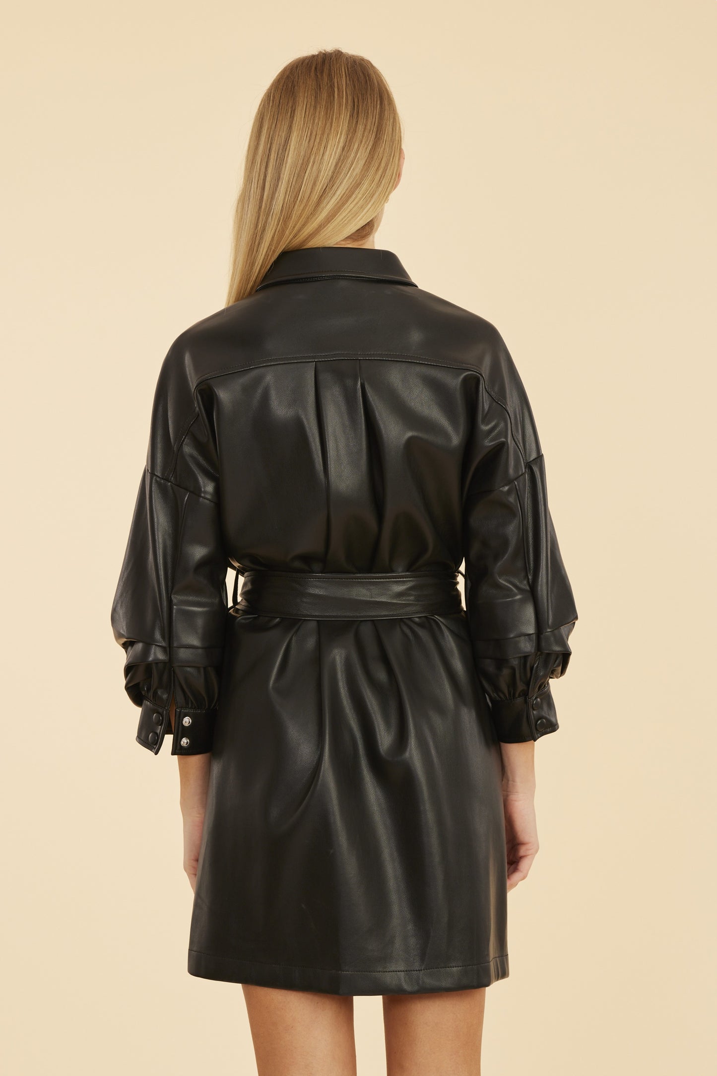 Faux Leather Belted Dress with Ruched Sleeves