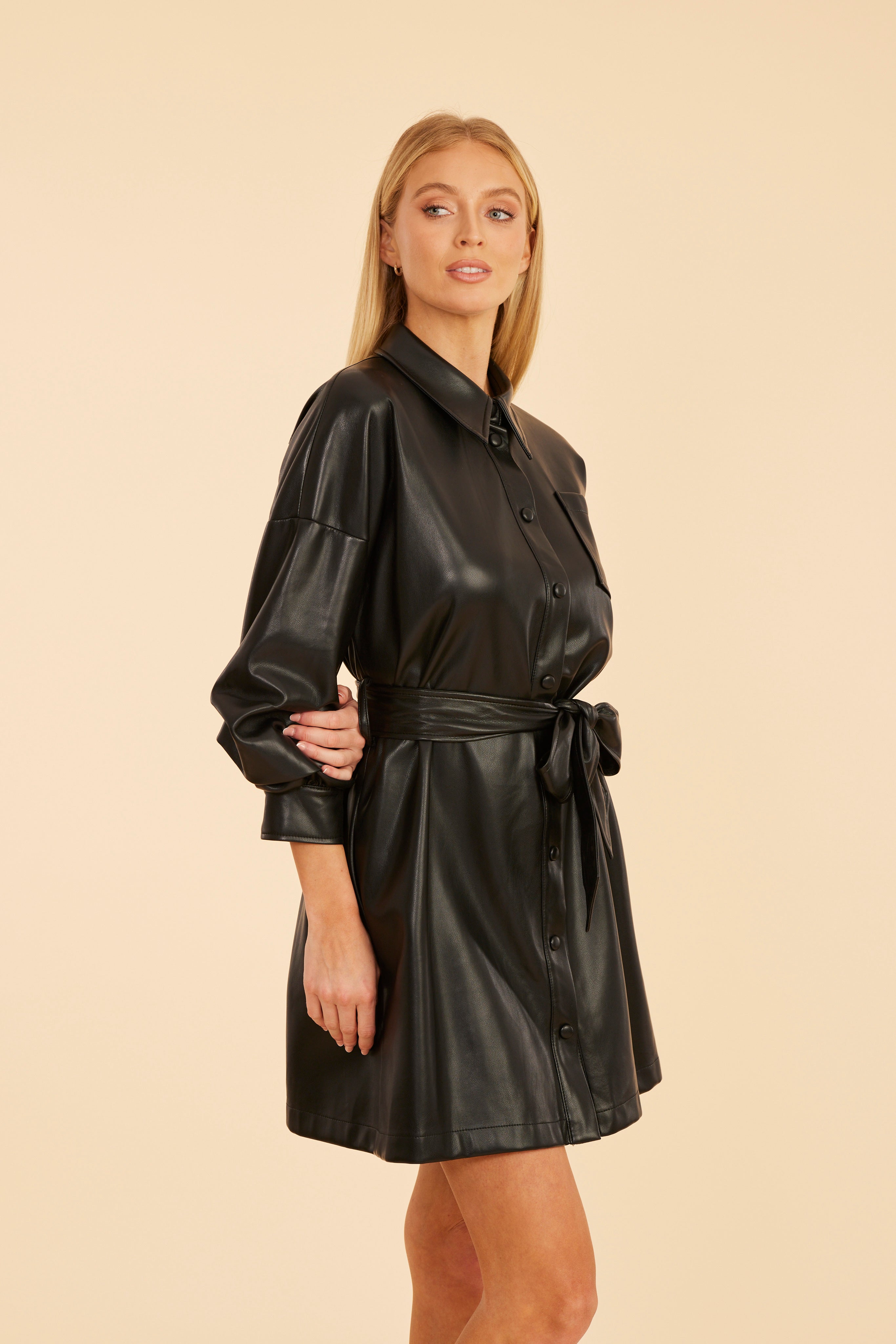 Faux Leather Belted Dress with Ruched Sleeves Burnt Orange / XL