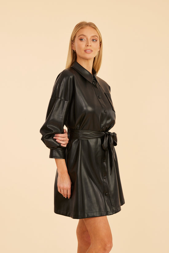 Faux Leather Belted Dress with Ruched Sleeves