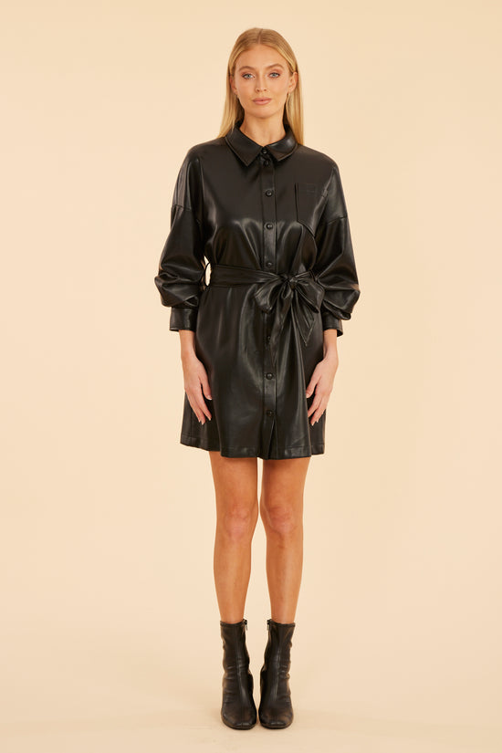 Faux Leather Belted Dress with Ruched Sleeves