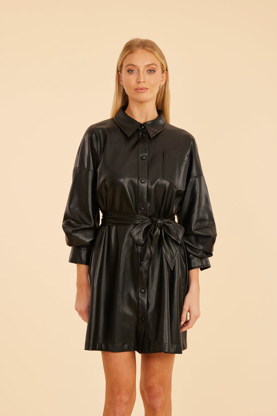 Faux Leather Belted Dress with Ruched Sleeves