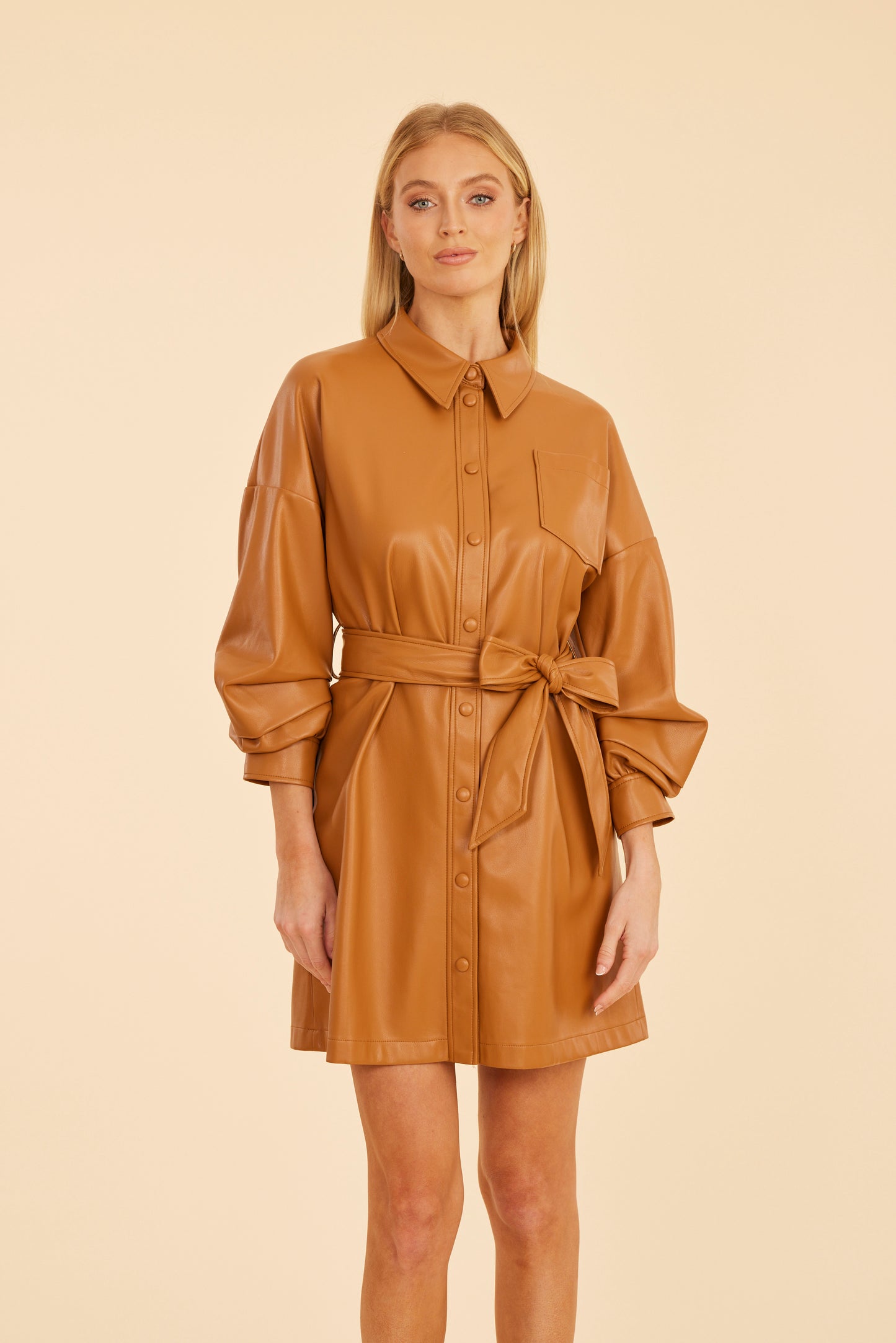 Faux Leather Belted Dress with Ruched Sleeves