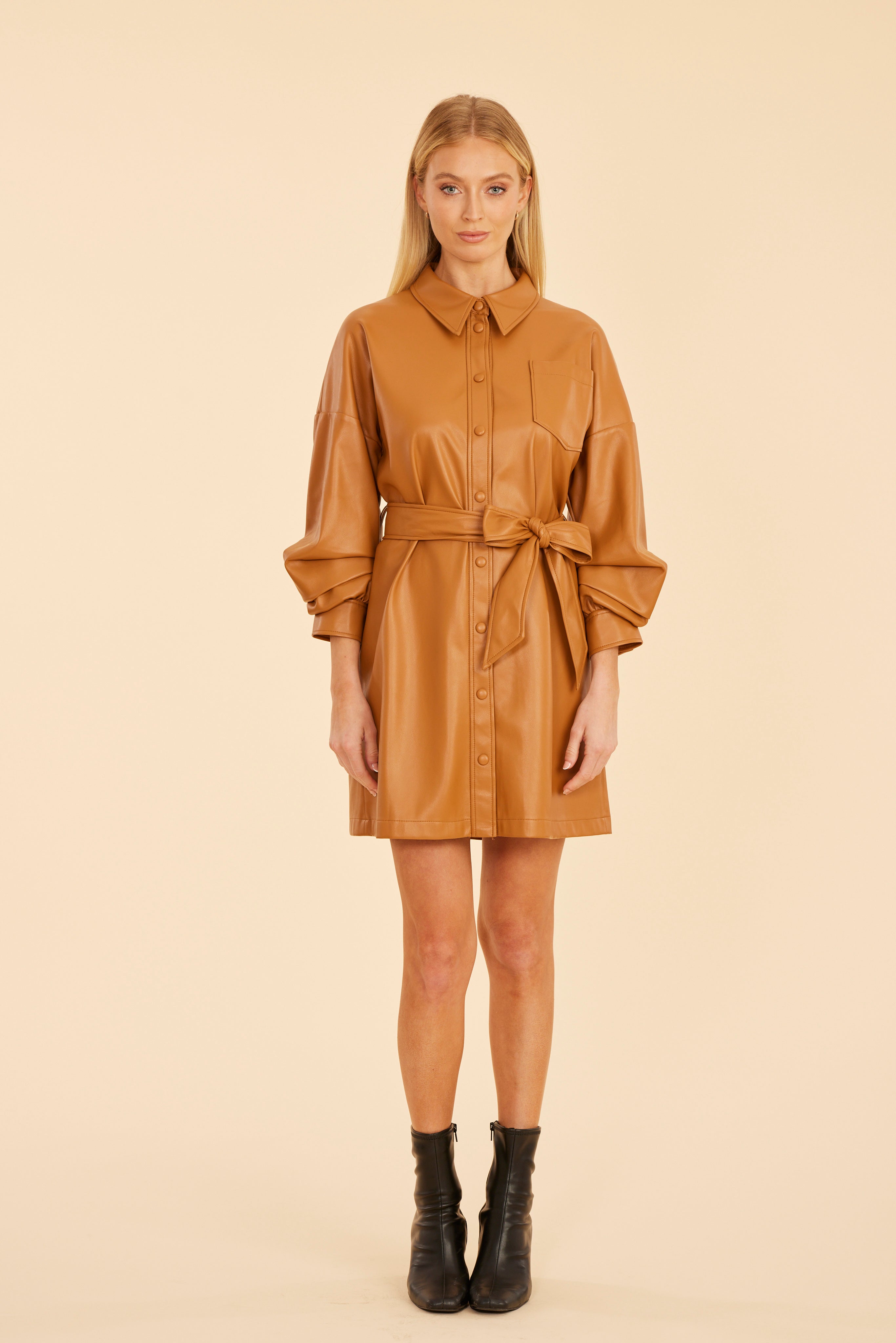 Faux Leather Belted Dress with Ruched Sleeves Burnt Orange / XL Faux Leather Belted Dress with Ruched Sleeves Burnt Orange / XL