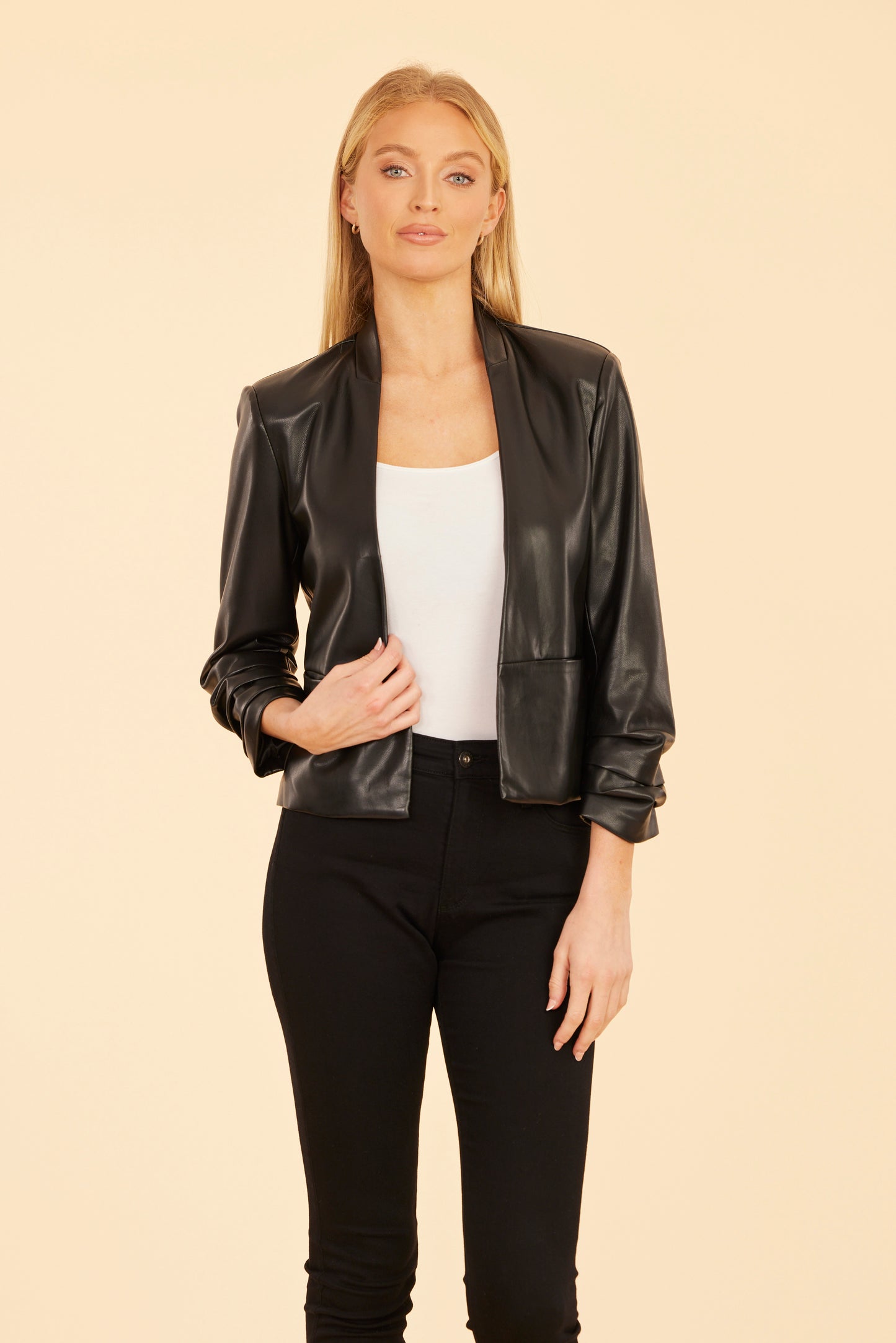 Faux Leather Ruched Sleeve Blazer