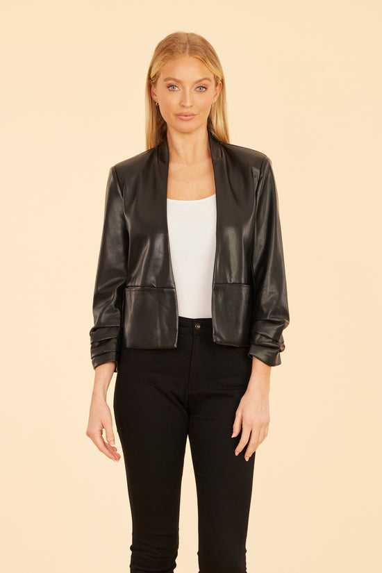 Faux Leather Ruched Sleeve Blazer