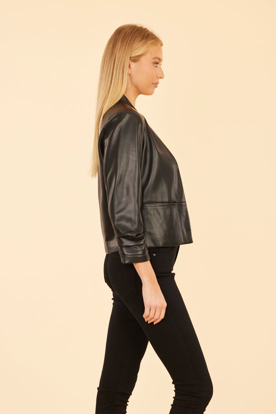 Faux Leather Ruched Sleeve Blazer