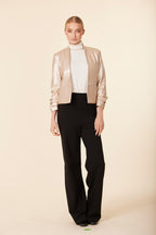 Metallic Faux Leather Ruched Sleeve Blazer