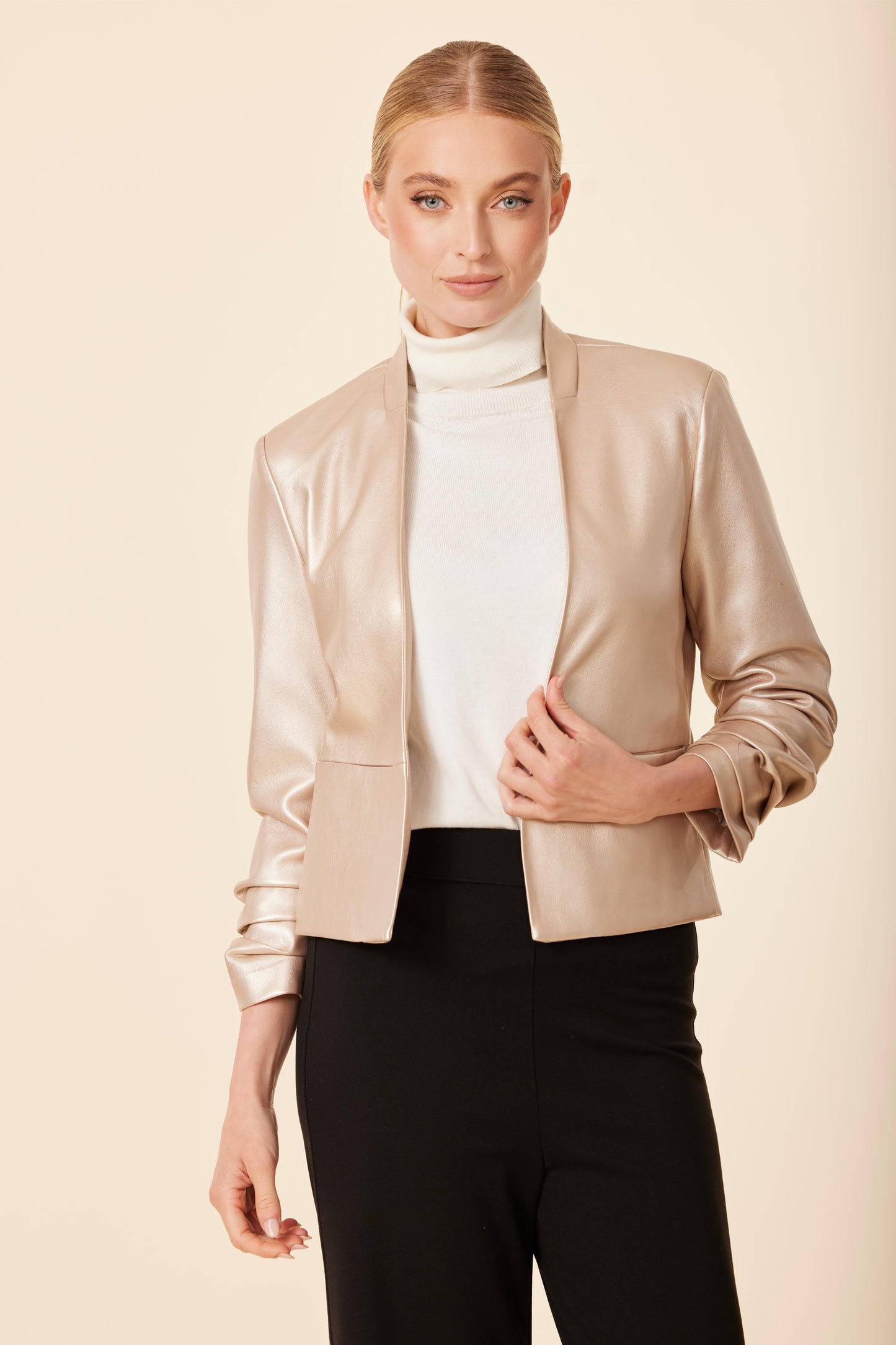 Metallic Vegan Ruched Sleeve Blazer