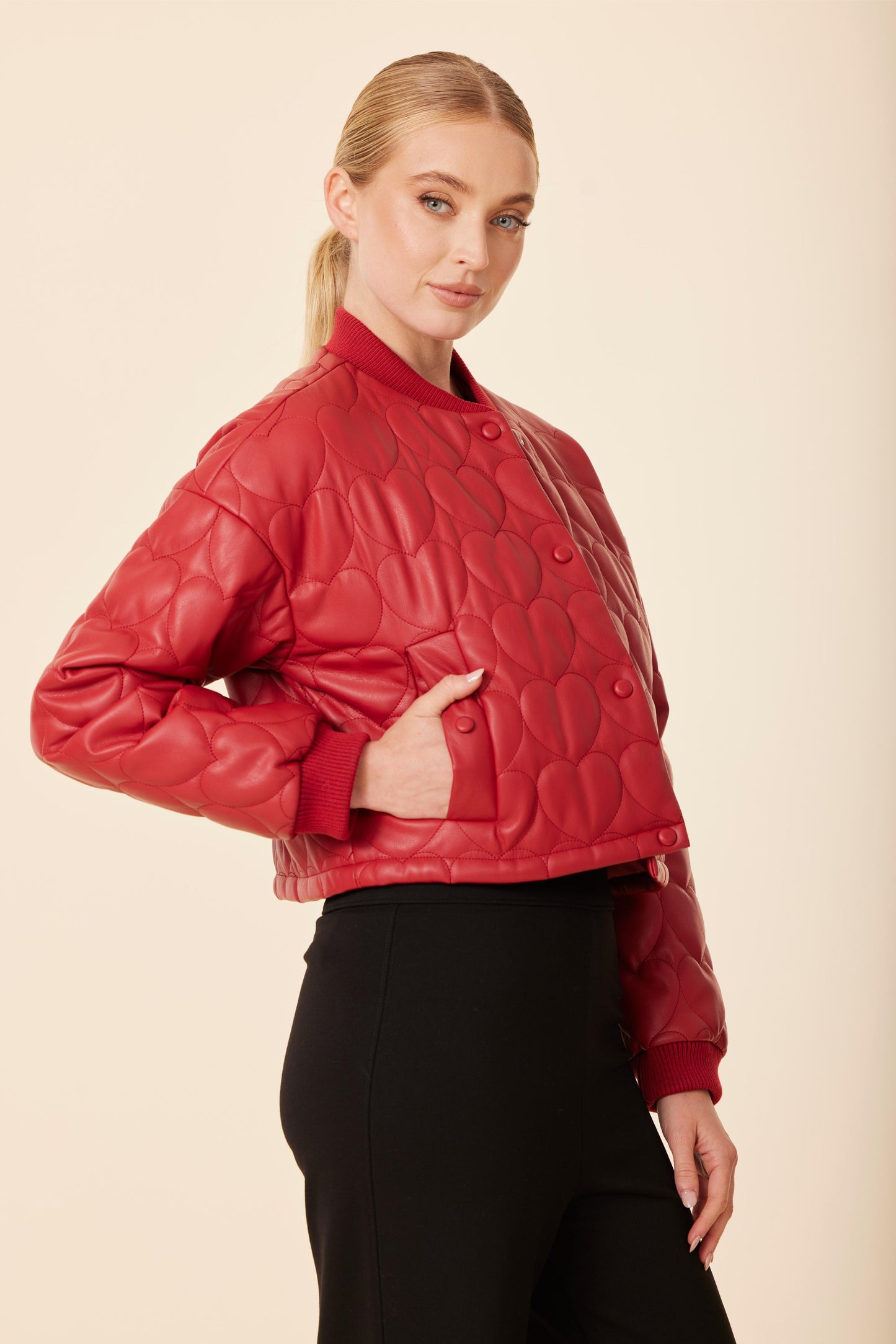 Faux Leather Heart Quilted Jacket