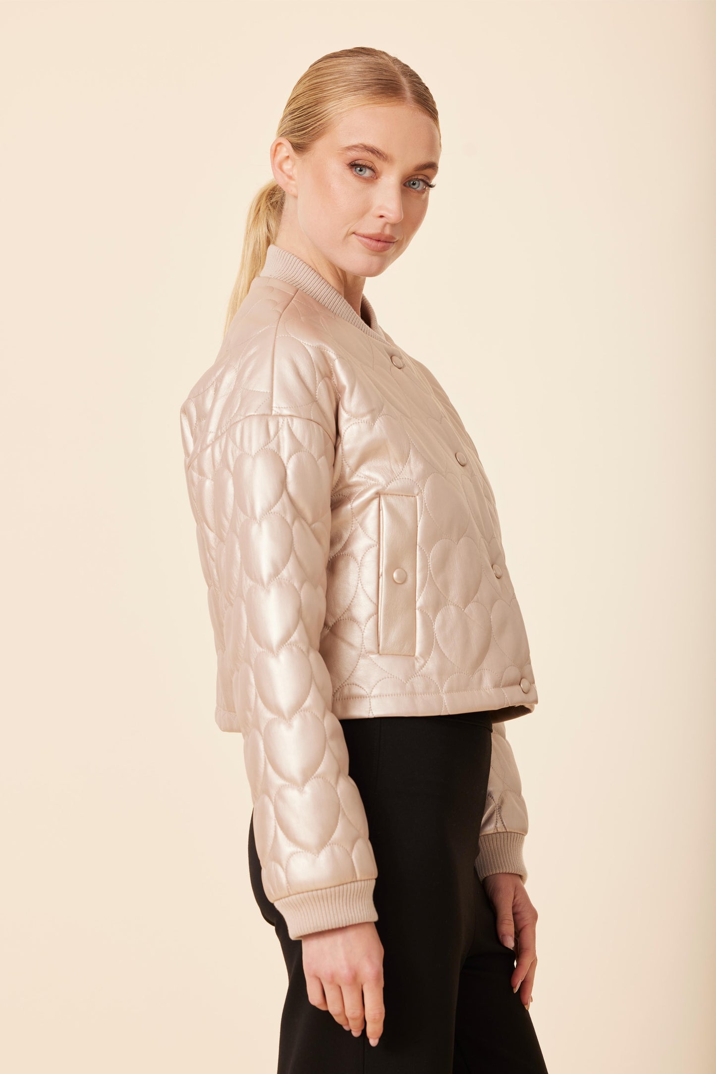 Faux Leather Heart Quilted Jacket