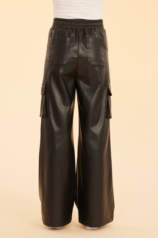 Faux Leather Wide Leg Cargo Pants