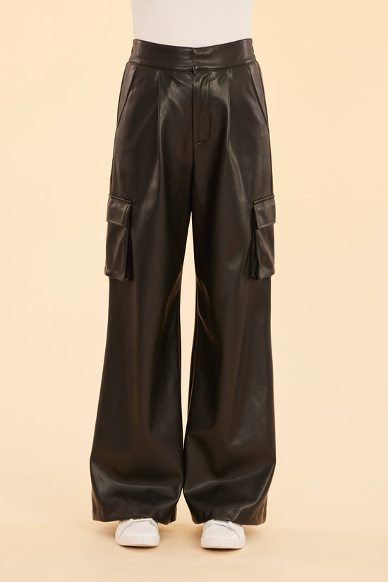 Faux Leather Wide Leg Cargo Pants