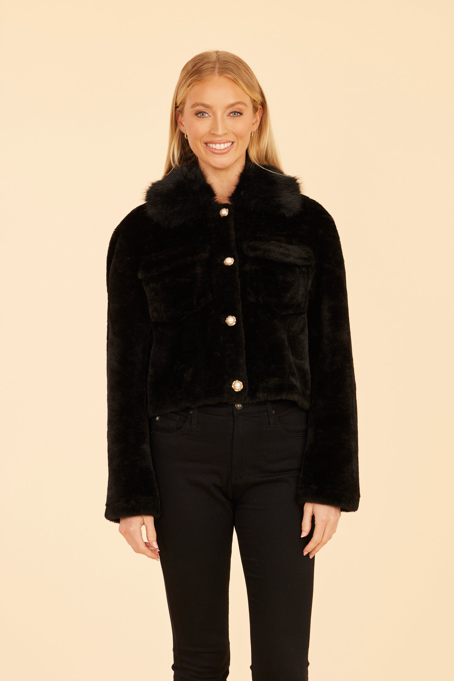 Faux Fur Pearl Button Jacket