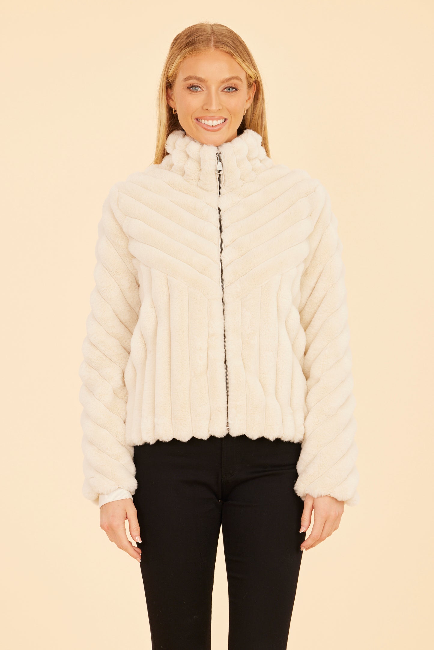 Faux Fur Grooved Zip-Up Jacket