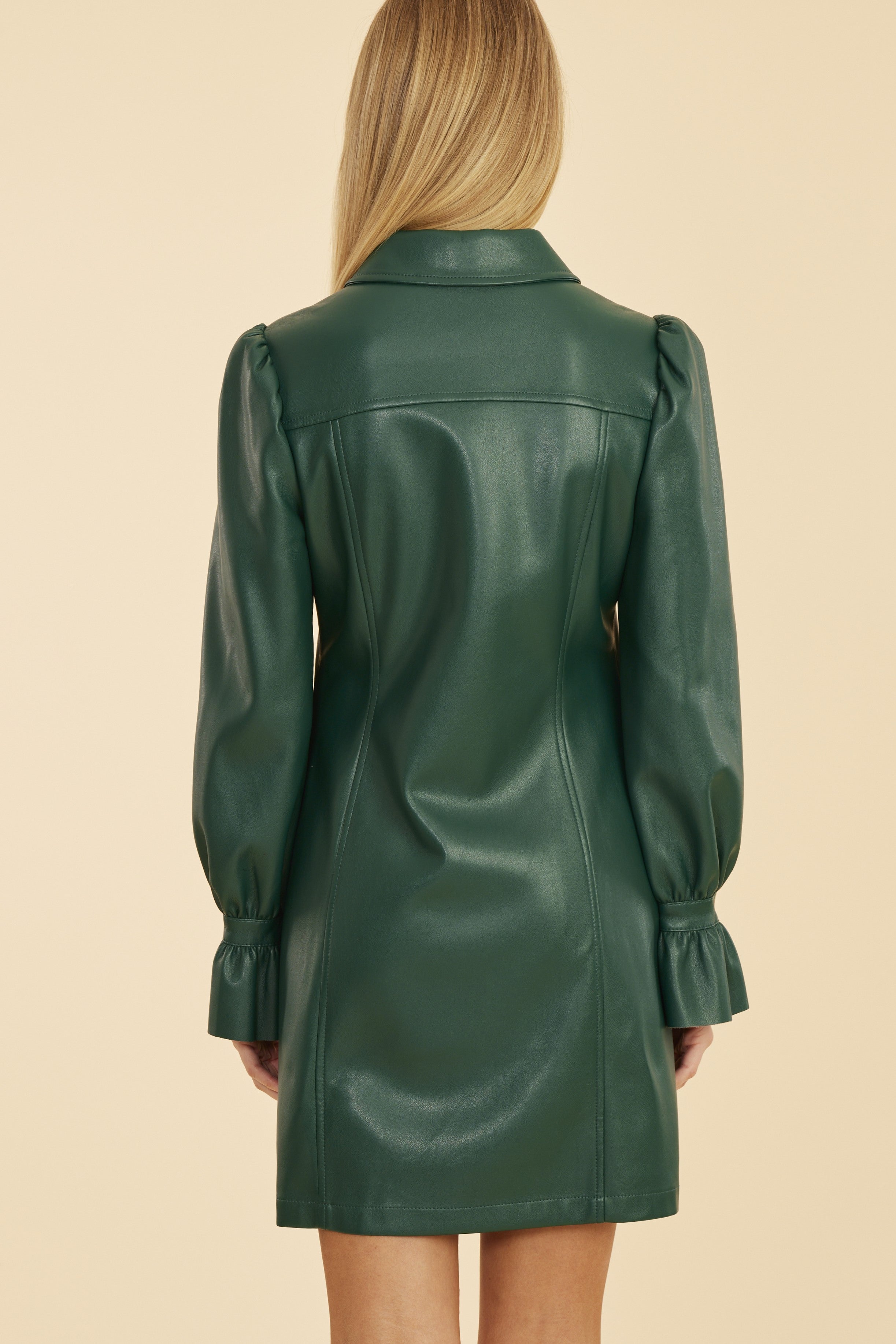 Faux Leather Ruffle Cuff Dress Forest Green / M