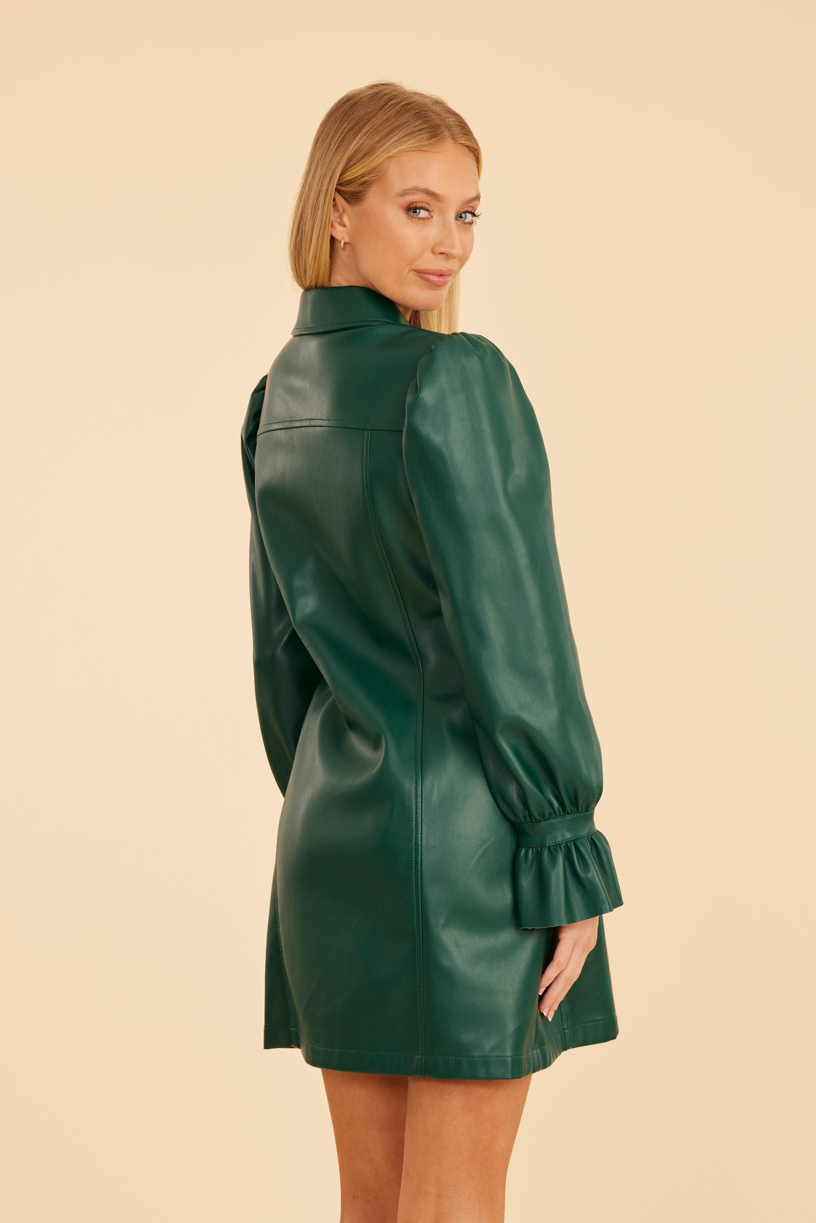 slim fit dress slacks Miss Circle Women's Eliana Olive Faux Leather Dress - Green