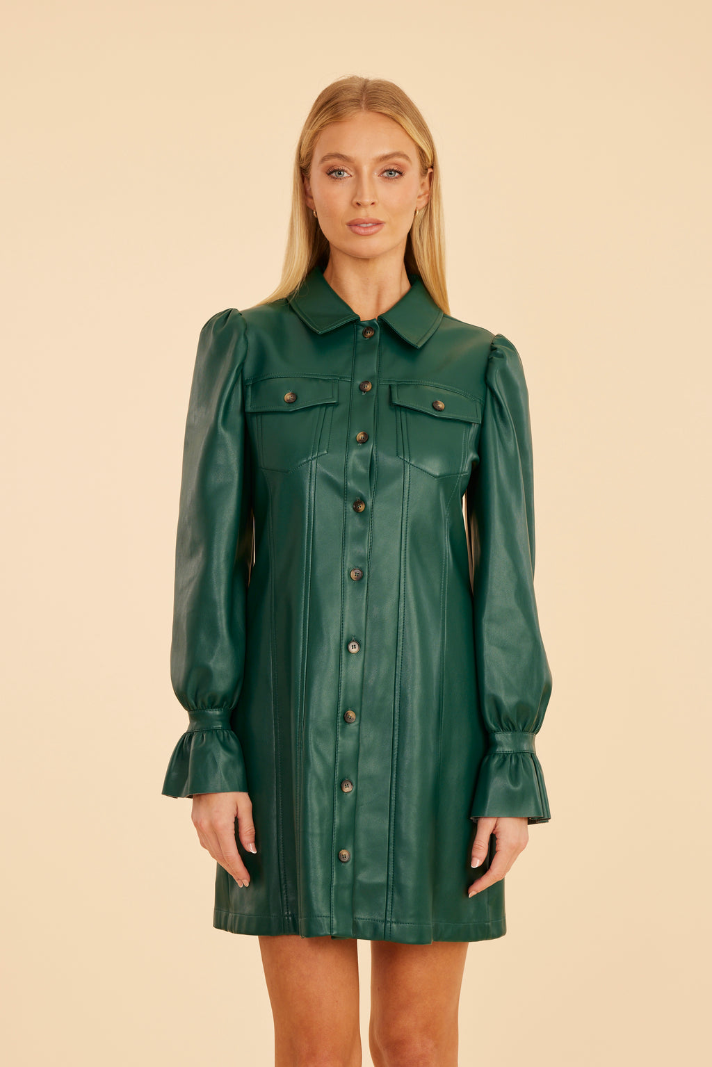 Faux Leather Ruffle Cuff Dress Forest Green / M Faux Leather Ruffle Cuff Dress Forest Green / M