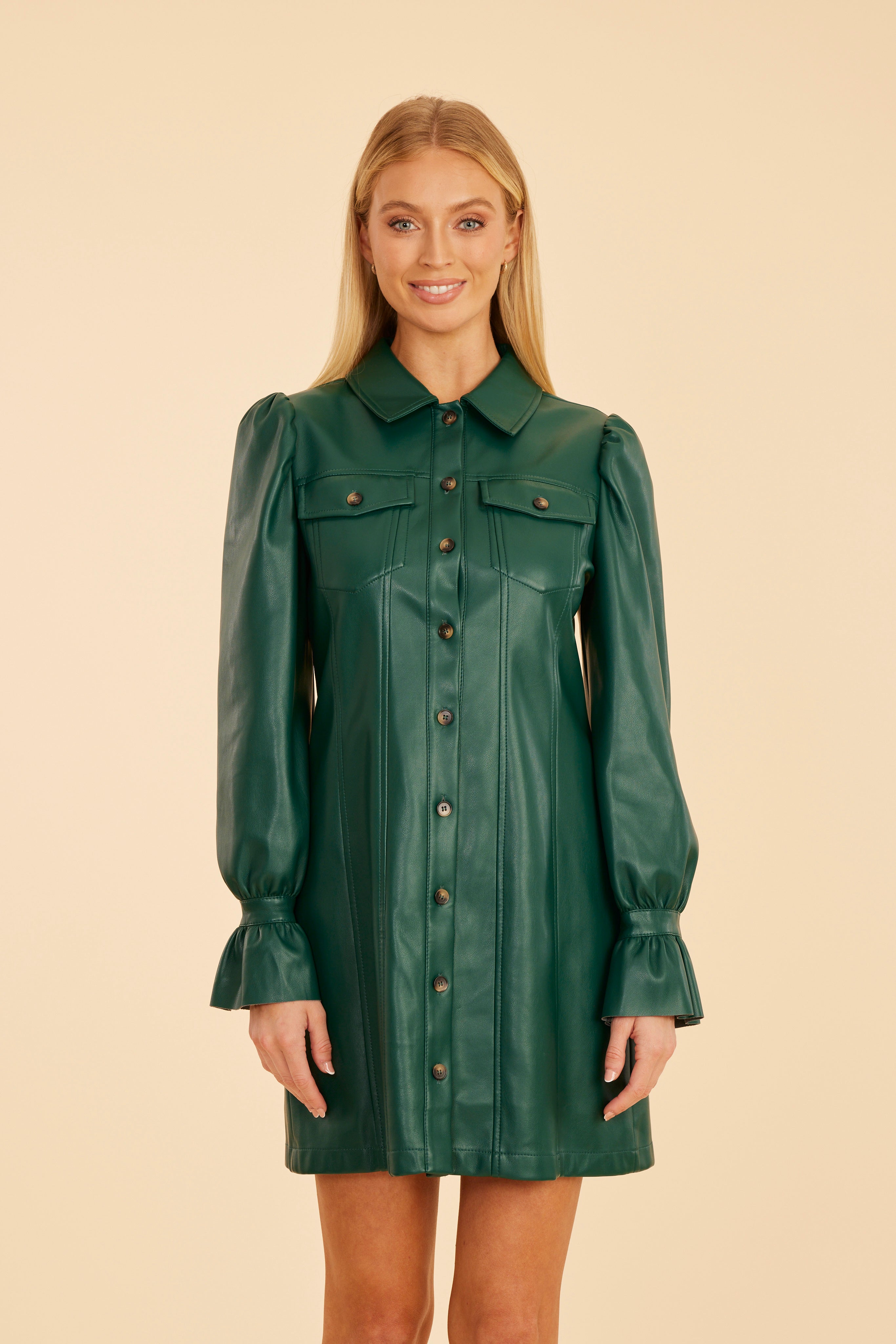 Faux Leather Ruffle Cuff Dress Forest Green / M